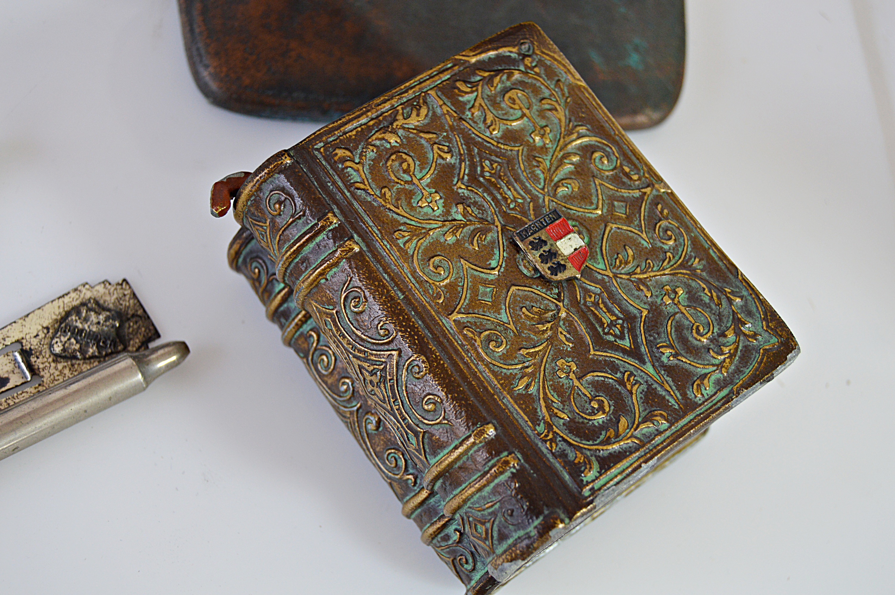 Vintage Pens and Pencils, Cigarette Box, Austrian Bank and Elephant Bookends