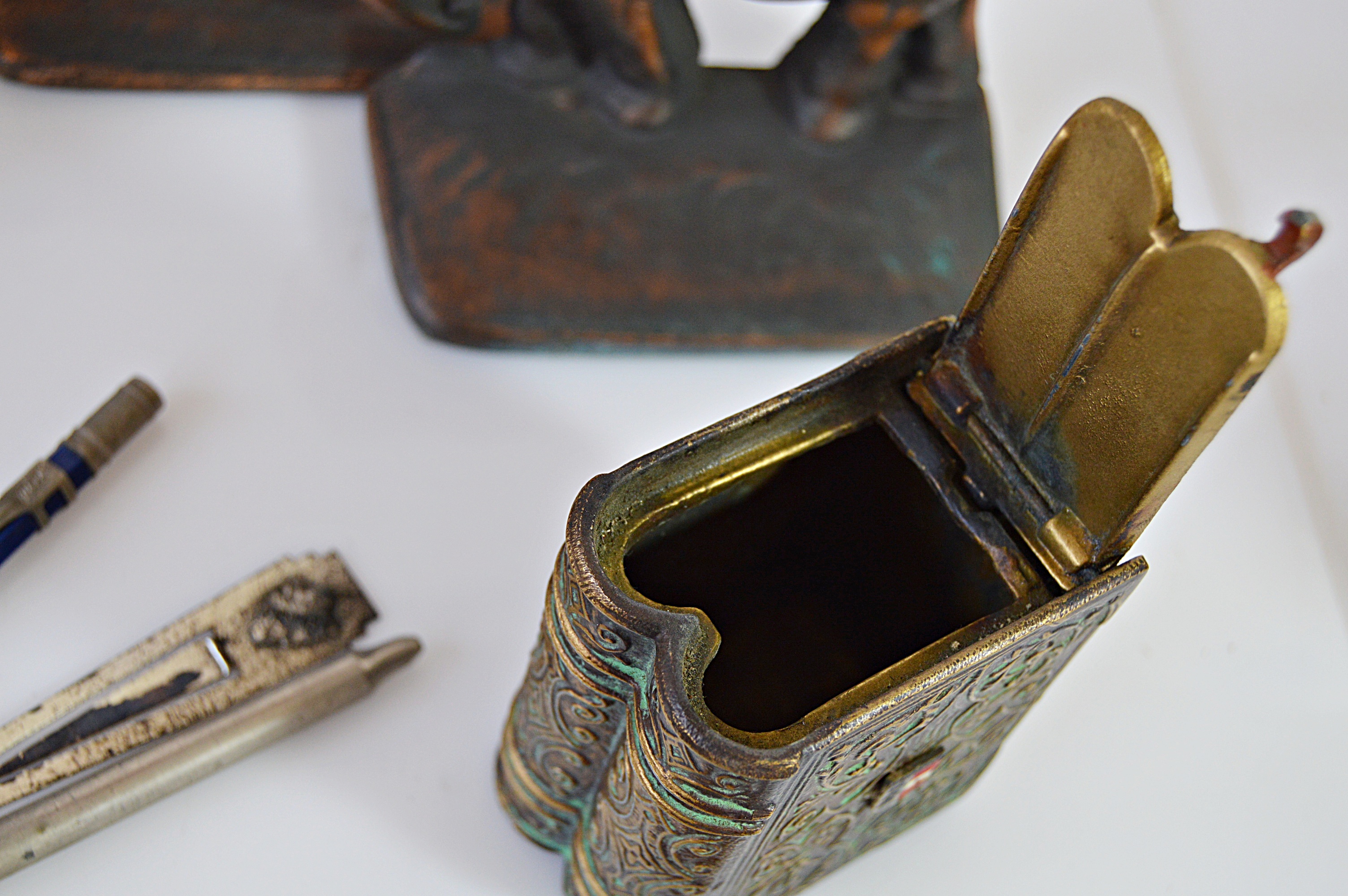 Vintage Pens and Pencils, Cigarette Box, Austrian Bank and Elephant Bookends