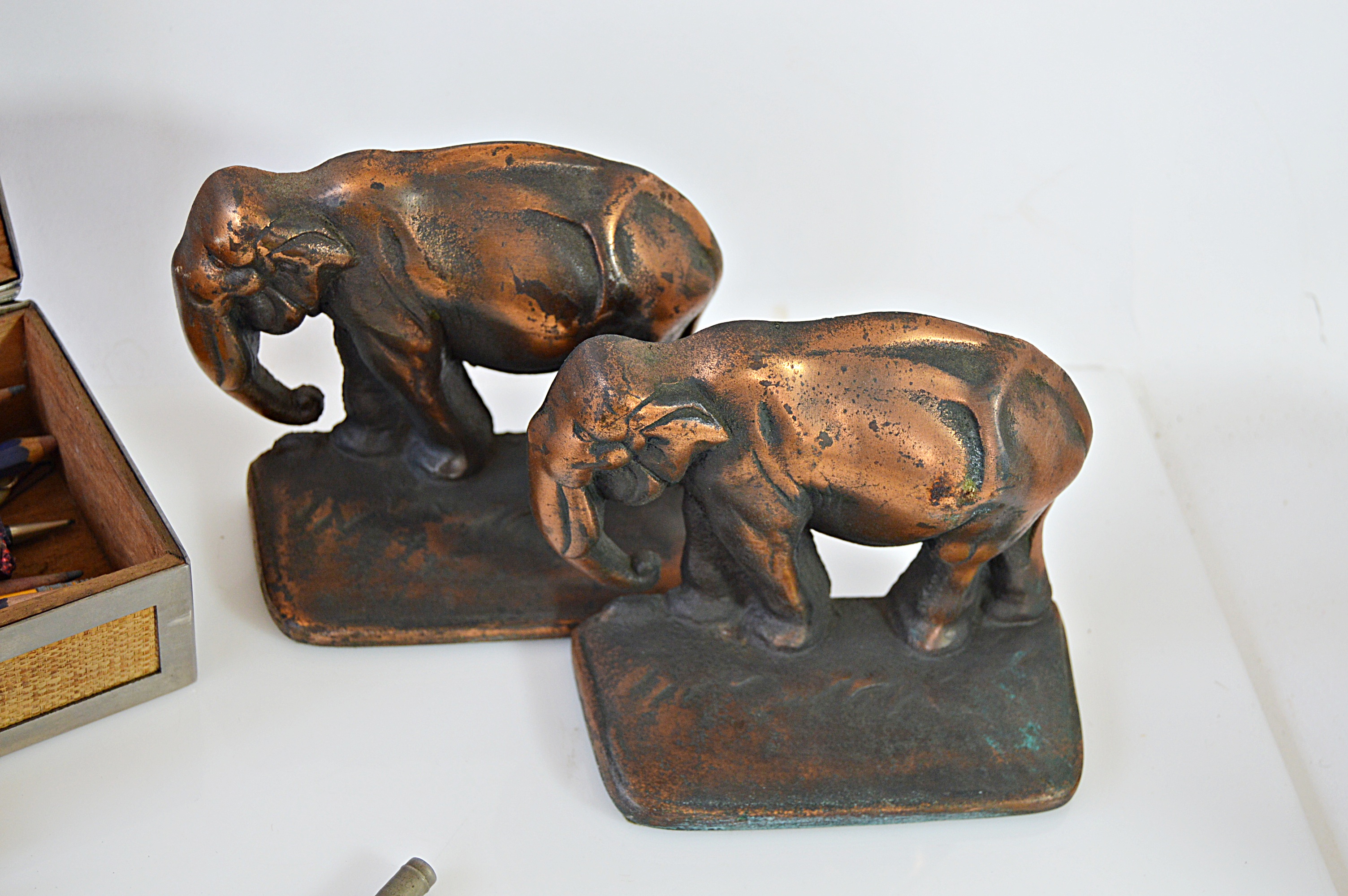 Vintage Pens and Pencils, Cigarette Box, Austrian Bank and Elephant Bookends