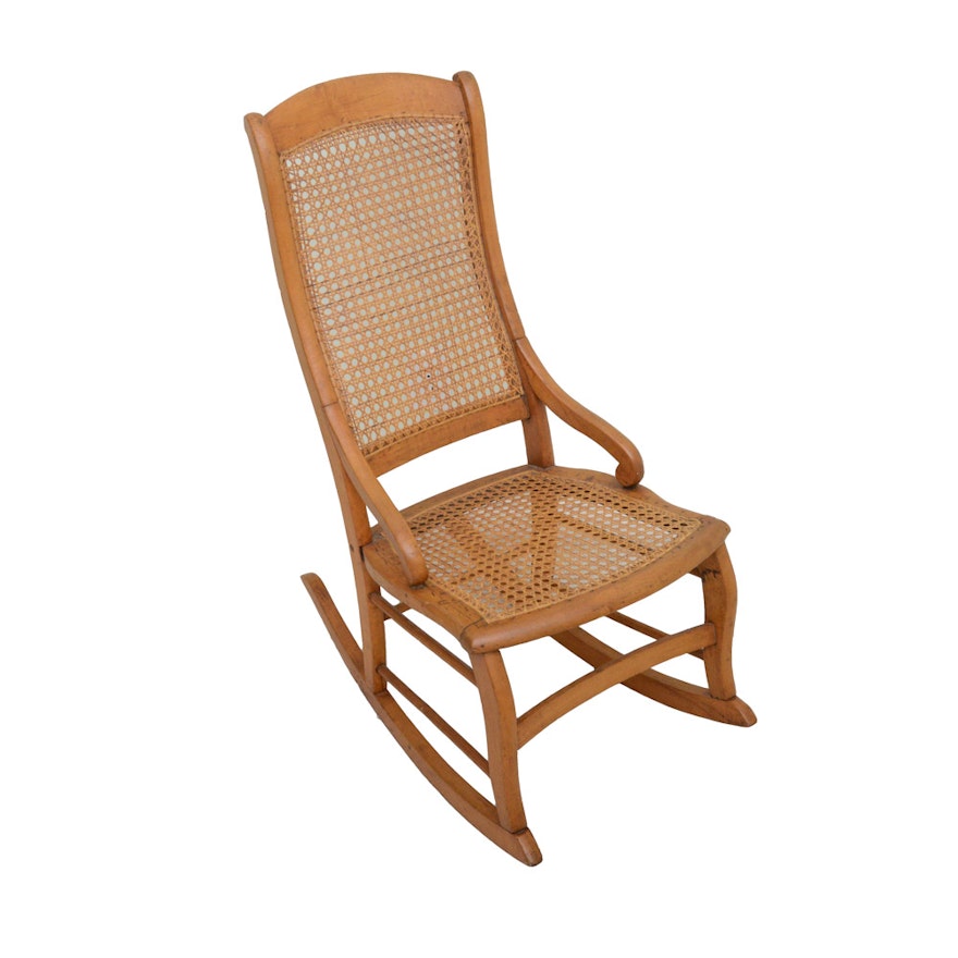 Antique Wood and Hand-Caned Rocking Chair