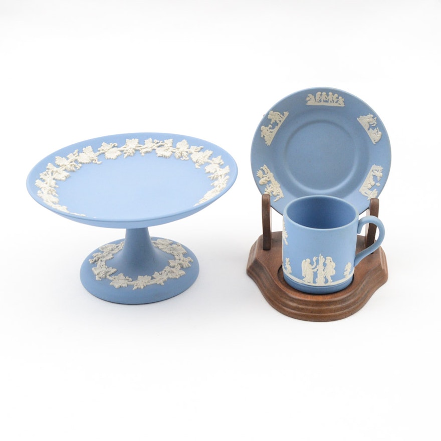 Wedgwood Blue Jasperware Footed Compote Tray with Cup and Saucer Set