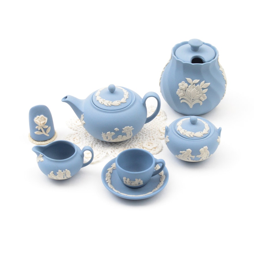 Wedgwood Blue Jasperware Miniature Tea Set with Nuttall Thimble