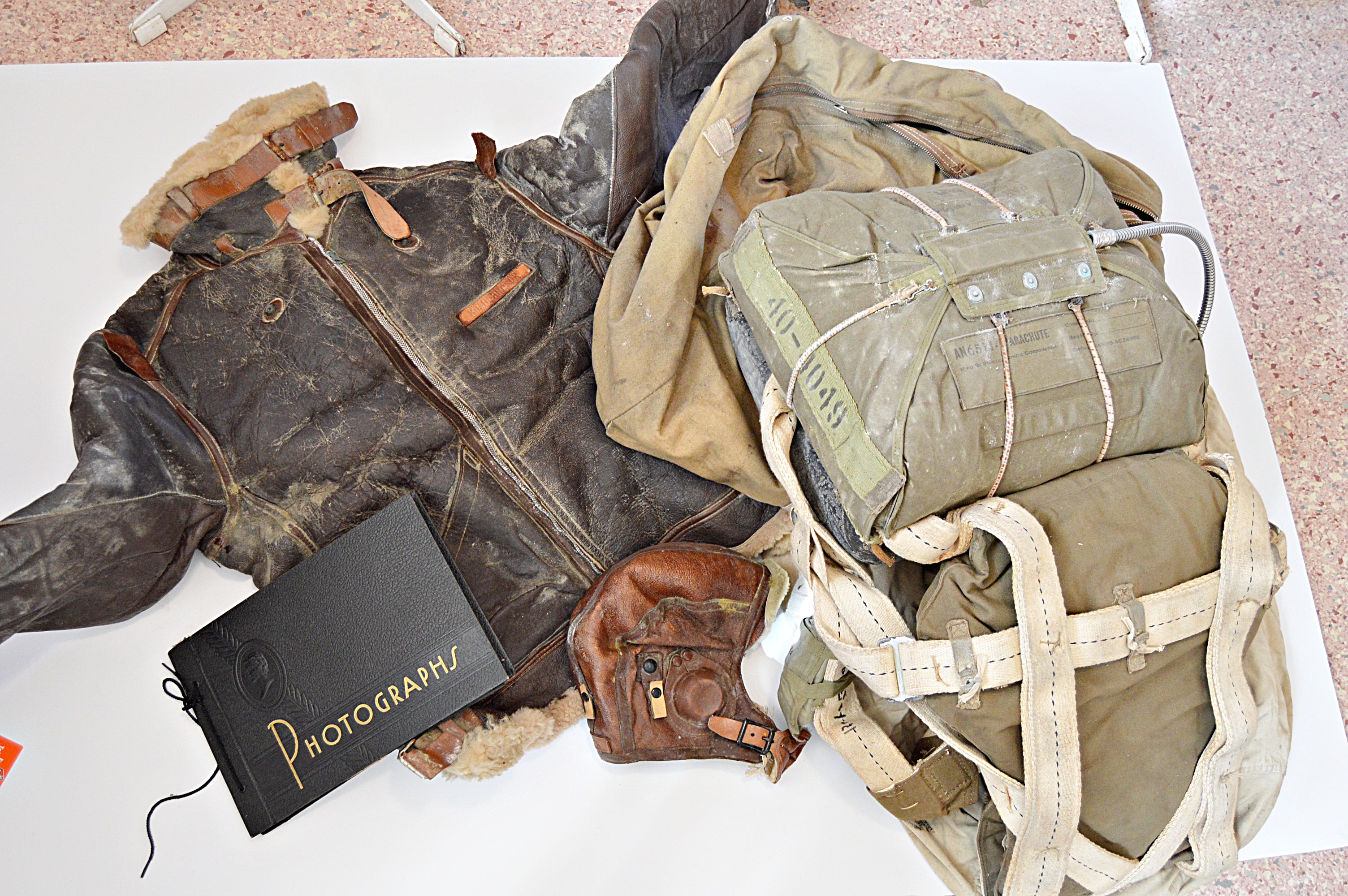 WWII Army Air Force Naval Aviator Sheepskin Winter Flight Jacket, Cap, Parachute