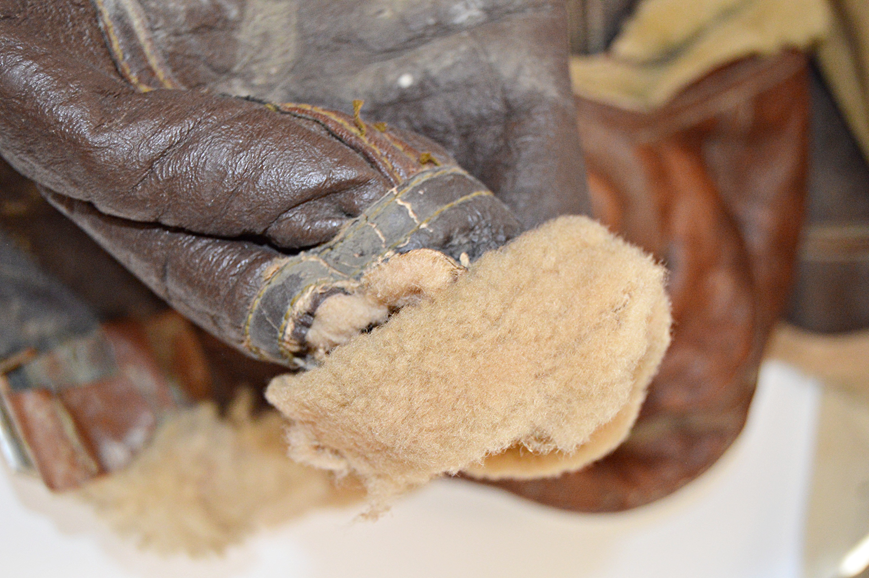 WWII Army Air Force Naval Aviator Sheepskin Winter Flight Jacket, Cap, Parachute