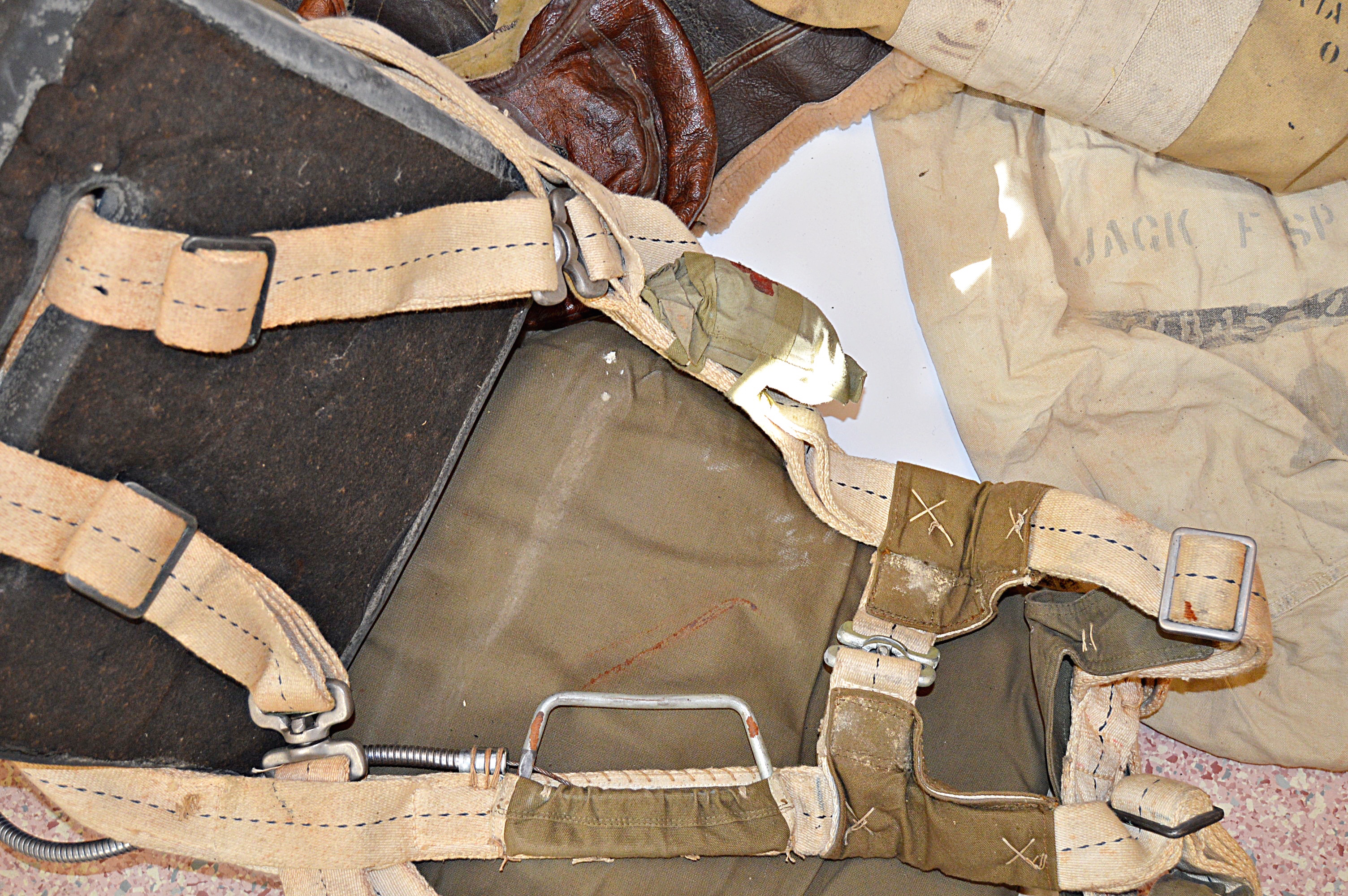 WWII Army Air Force Naval Aviator Sheepskin Winter Flight Jacket, Cap, Parachute