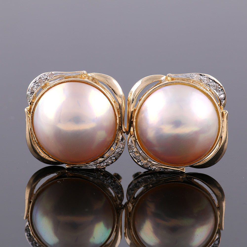 14K Yellow Gold Mabé Pearl and Diamond Earrings