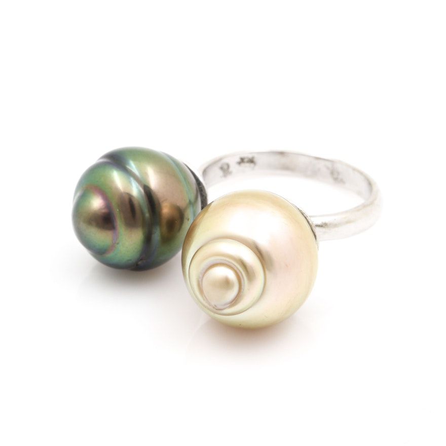 14K White Gold Moi et Toi Cultured Pearl Ring