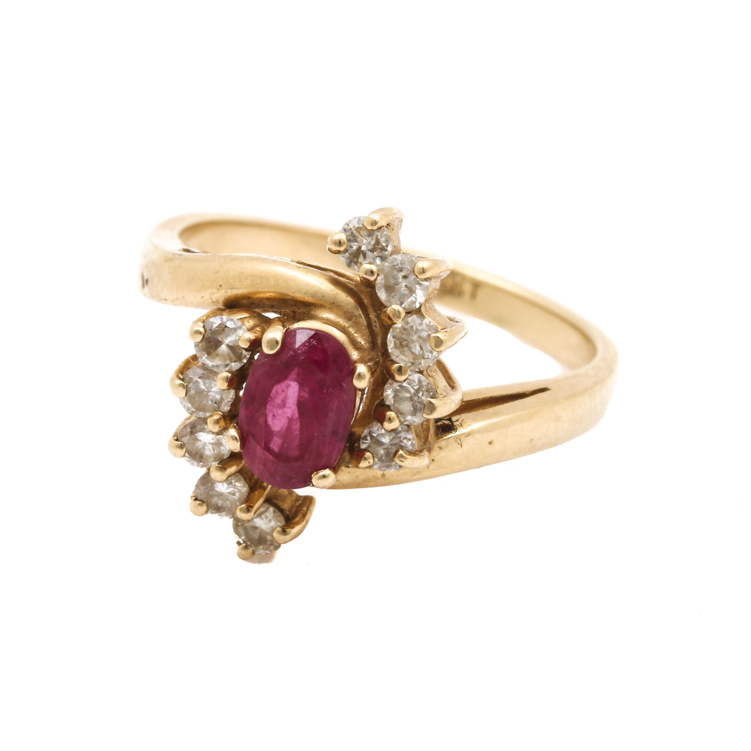 14K Yellow Gold Ruby and Diamond Bypass Ring