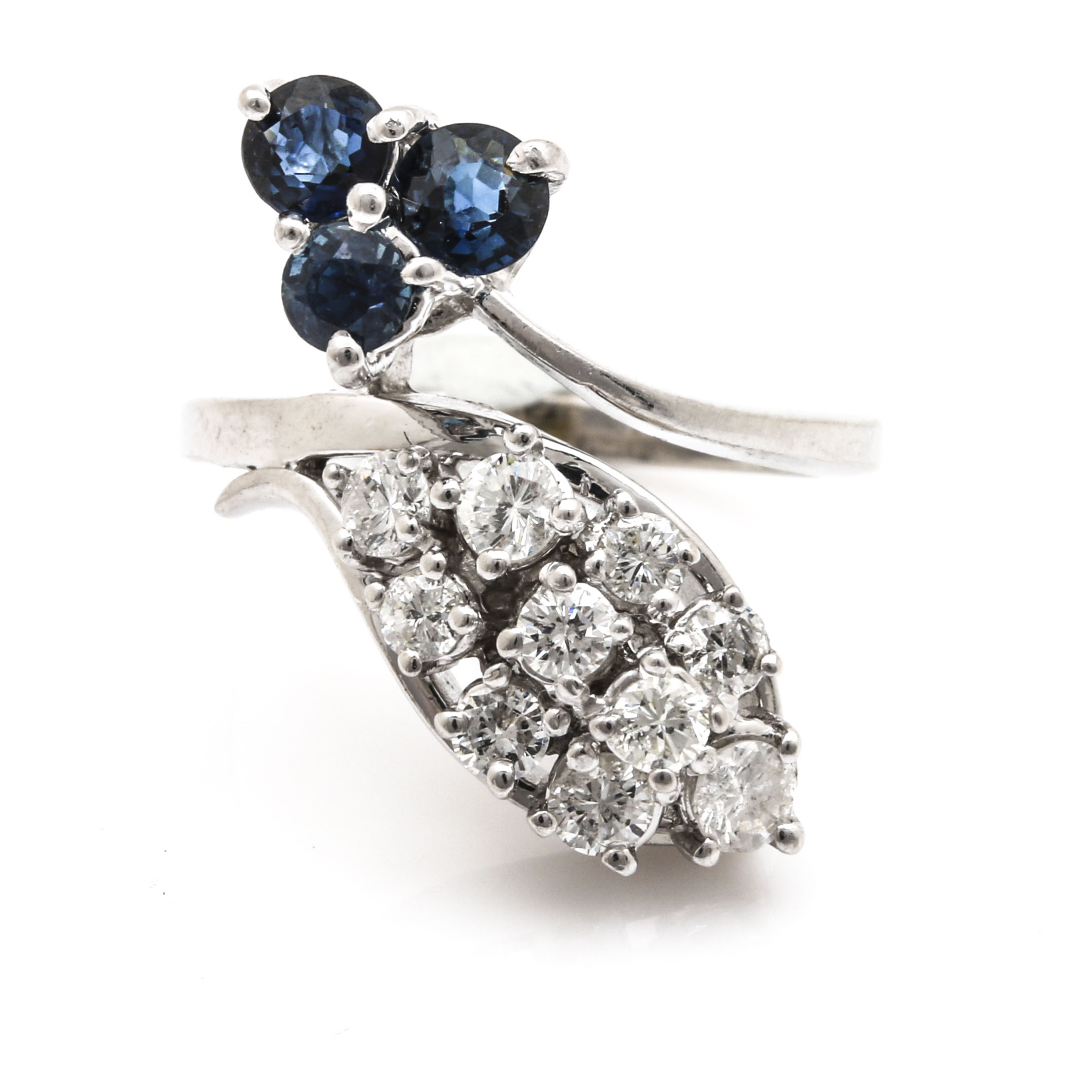 14K White Gold Blue Sapphire and Diamond Bypass Ring