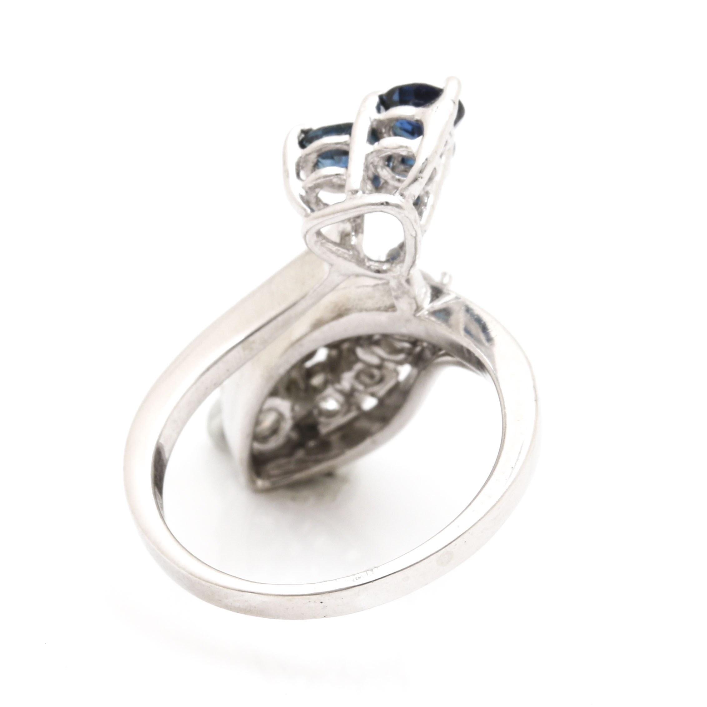 14K White Gold Blue Sapphire and Diamond Bypass Ring