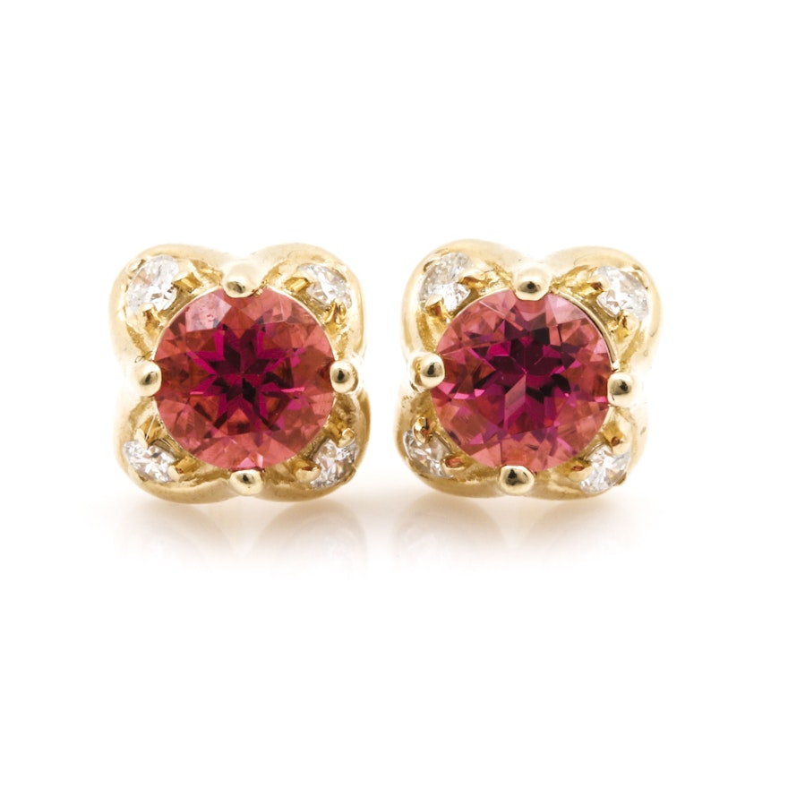 14K Yellow Gold Pink Tourmaline and Diamond Earrings
