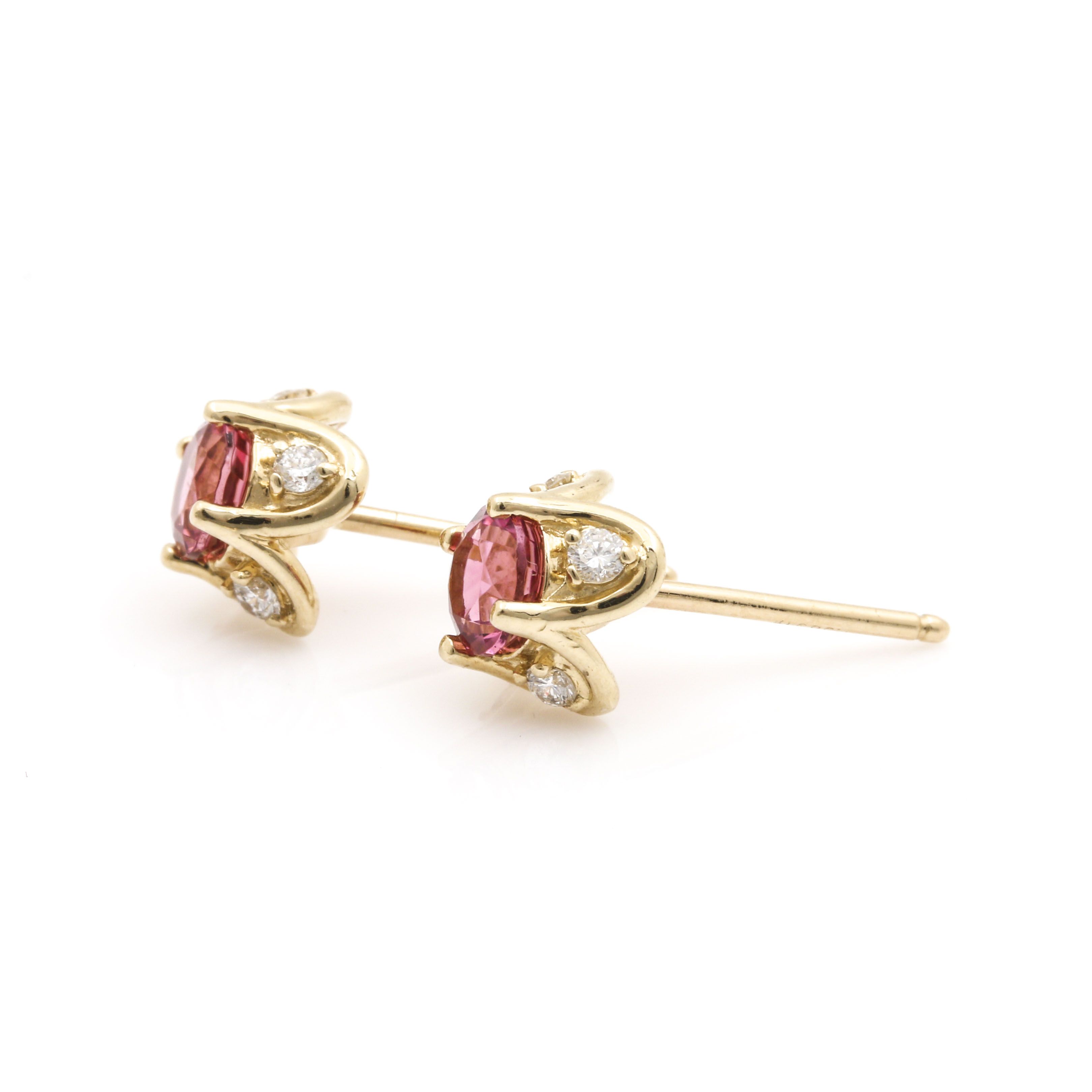 14K Yellow Gold Pink Tourmaline and Diamond Earrings