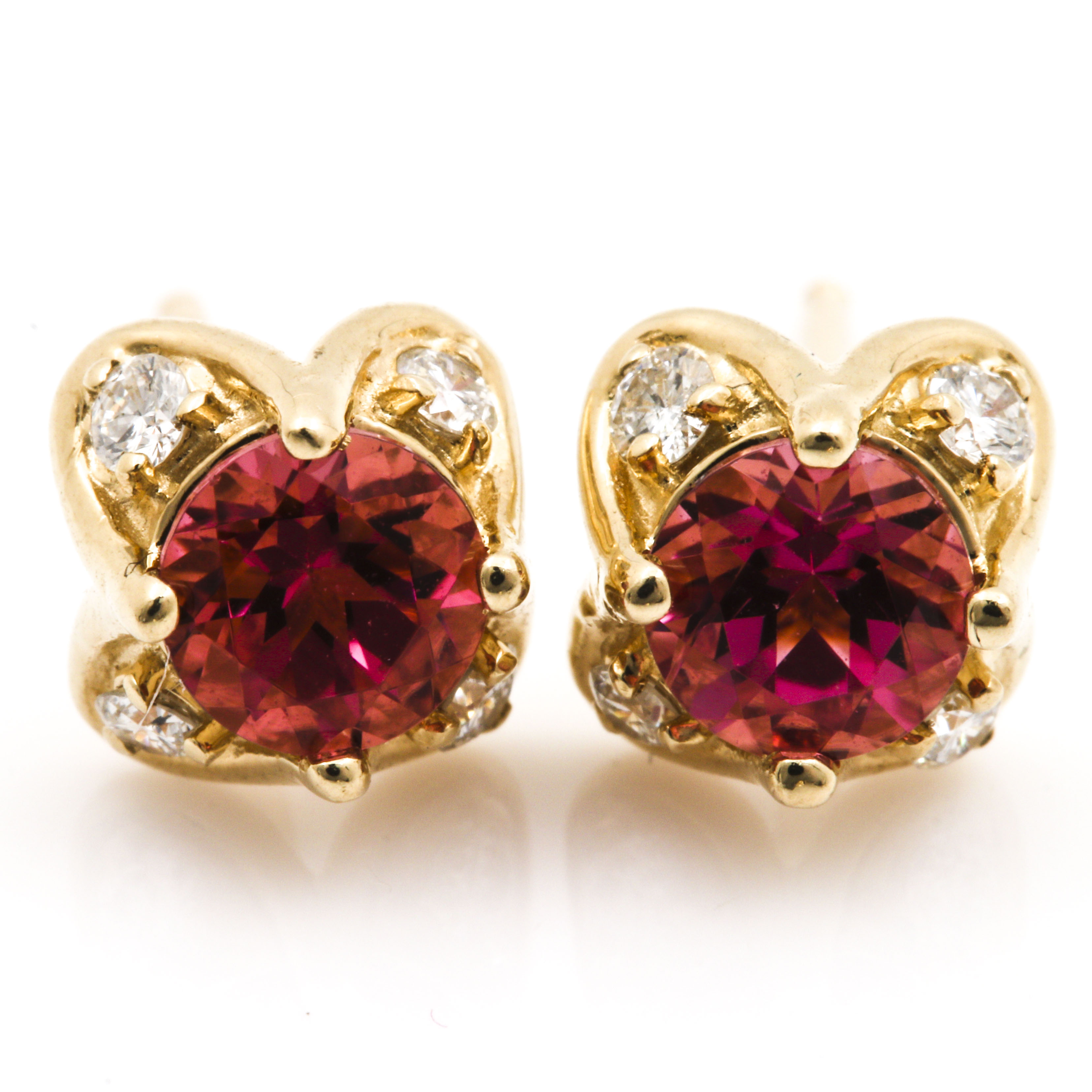 14K Yellow Gold Pink Tourmaline and Diamond Earrings