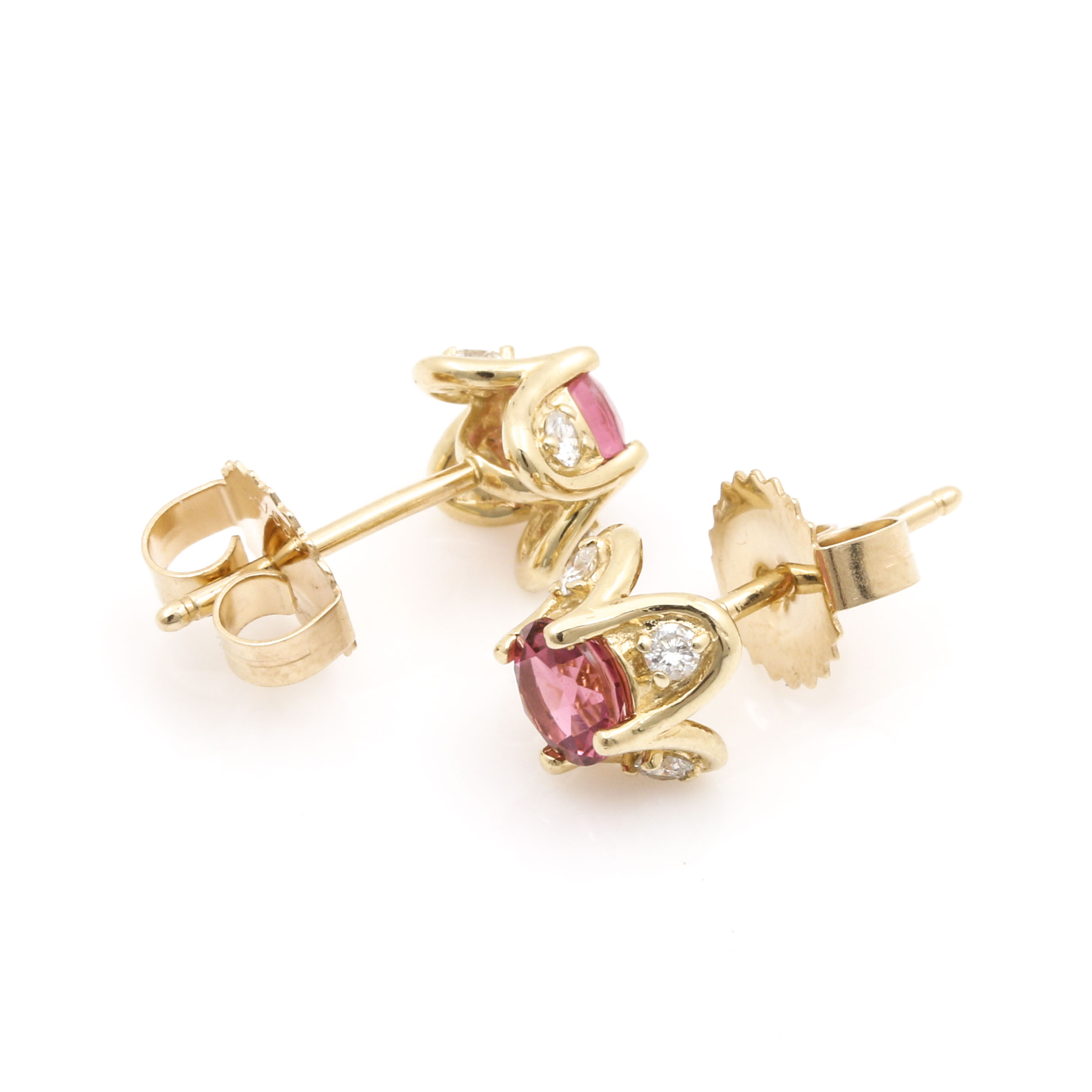14K Yellow Gold Pink Tourmaline and Diamond Earrings