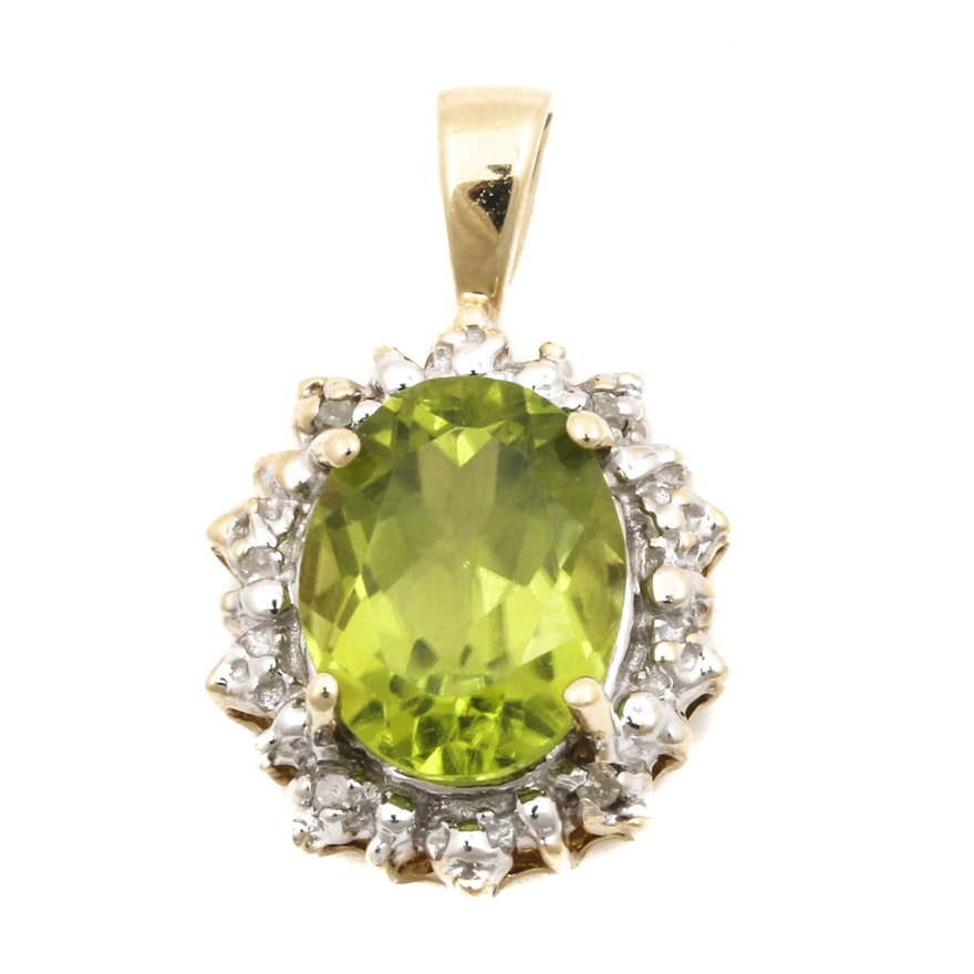 10K Yellow Gold Peridot and Diamond Pendant