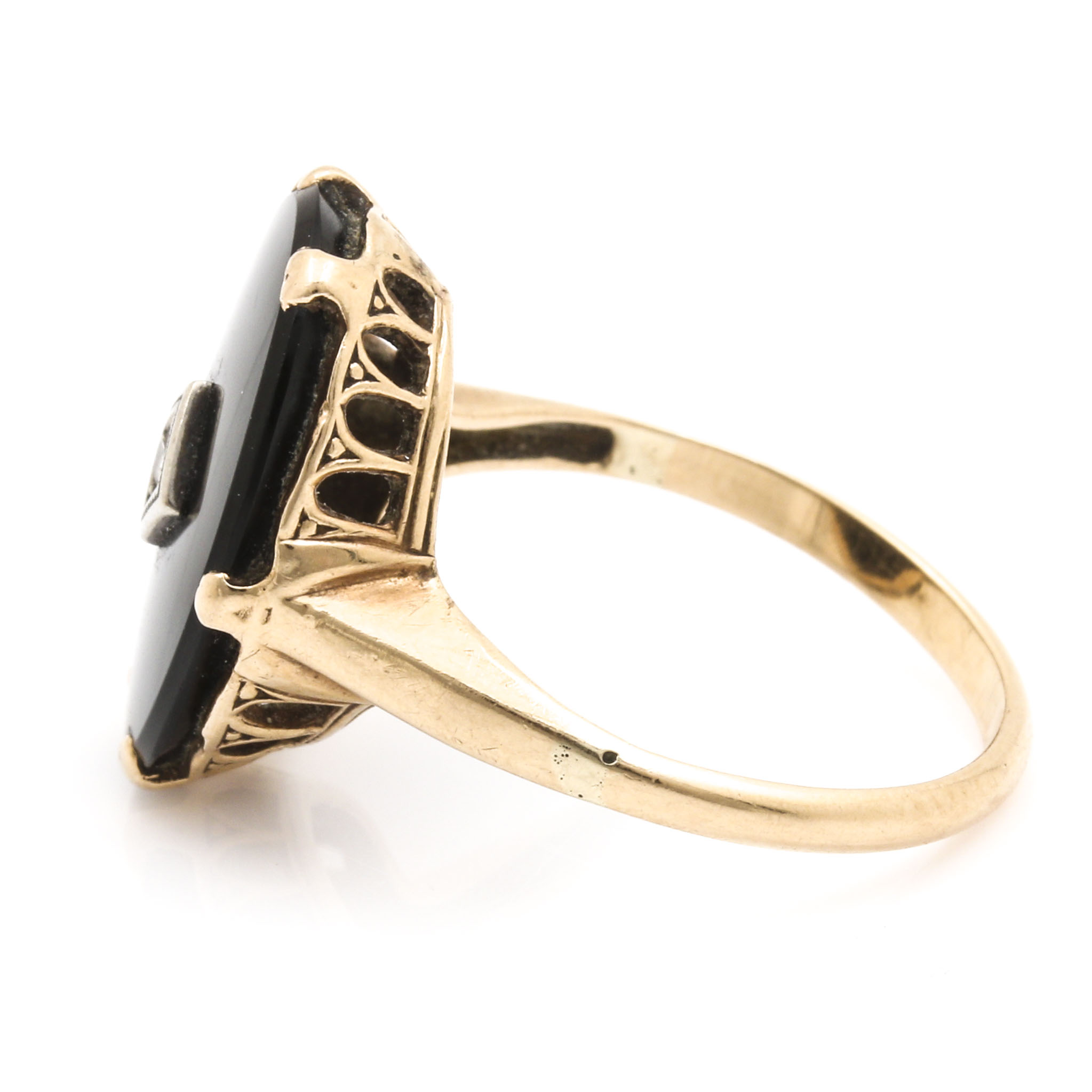 14K Yellow Gold Black Onyx and Diamond Ring