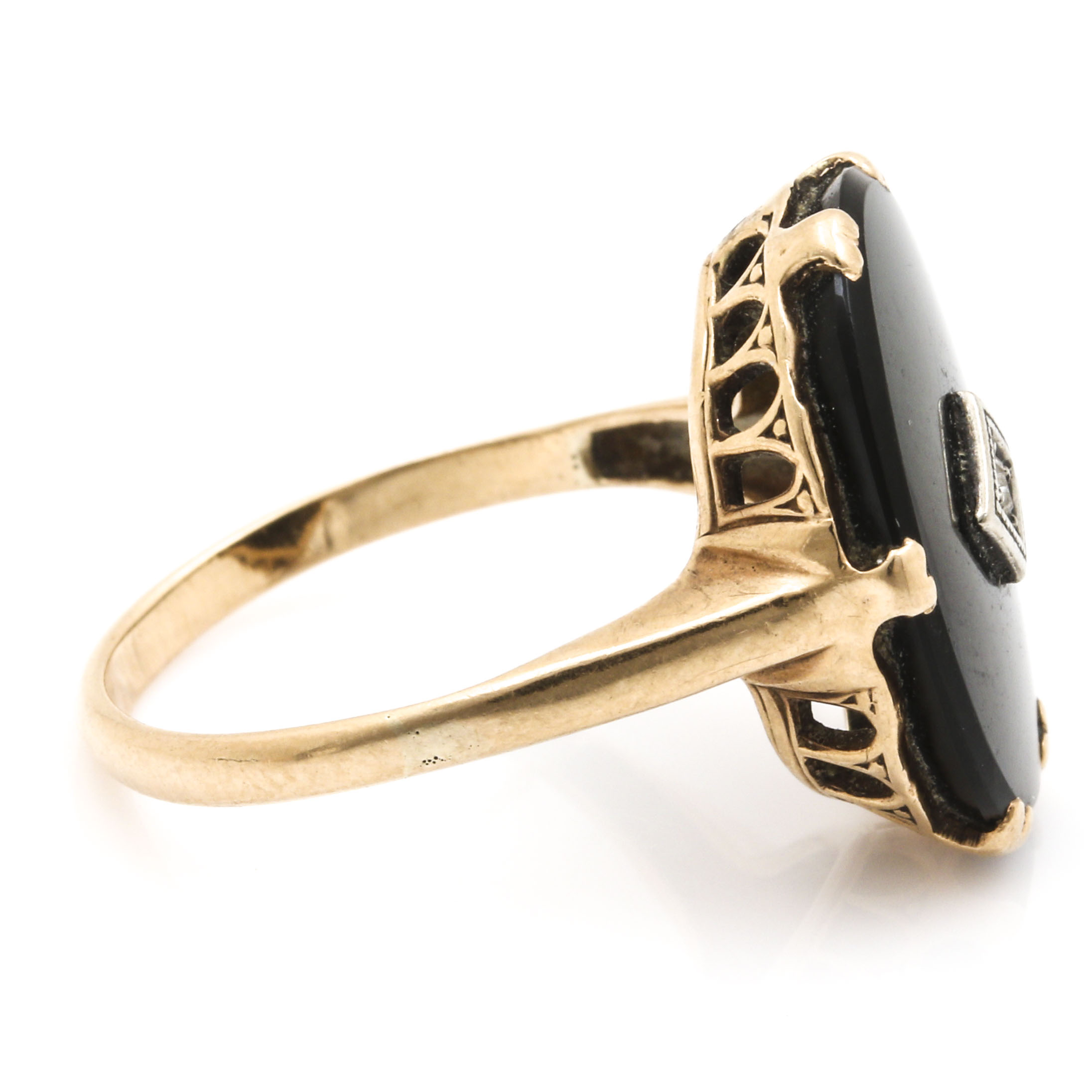 14K Yellow Gold Black Onyx and Diamond Ring