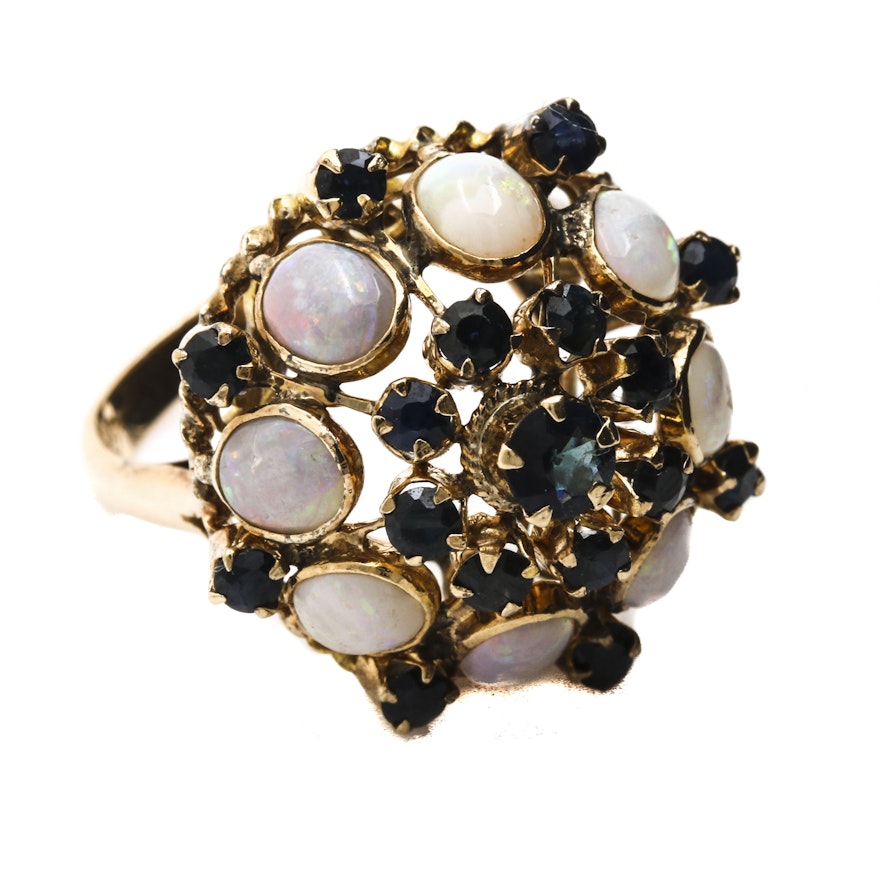 14K Yellow Gold Sapphire and Opal Dome Ring
