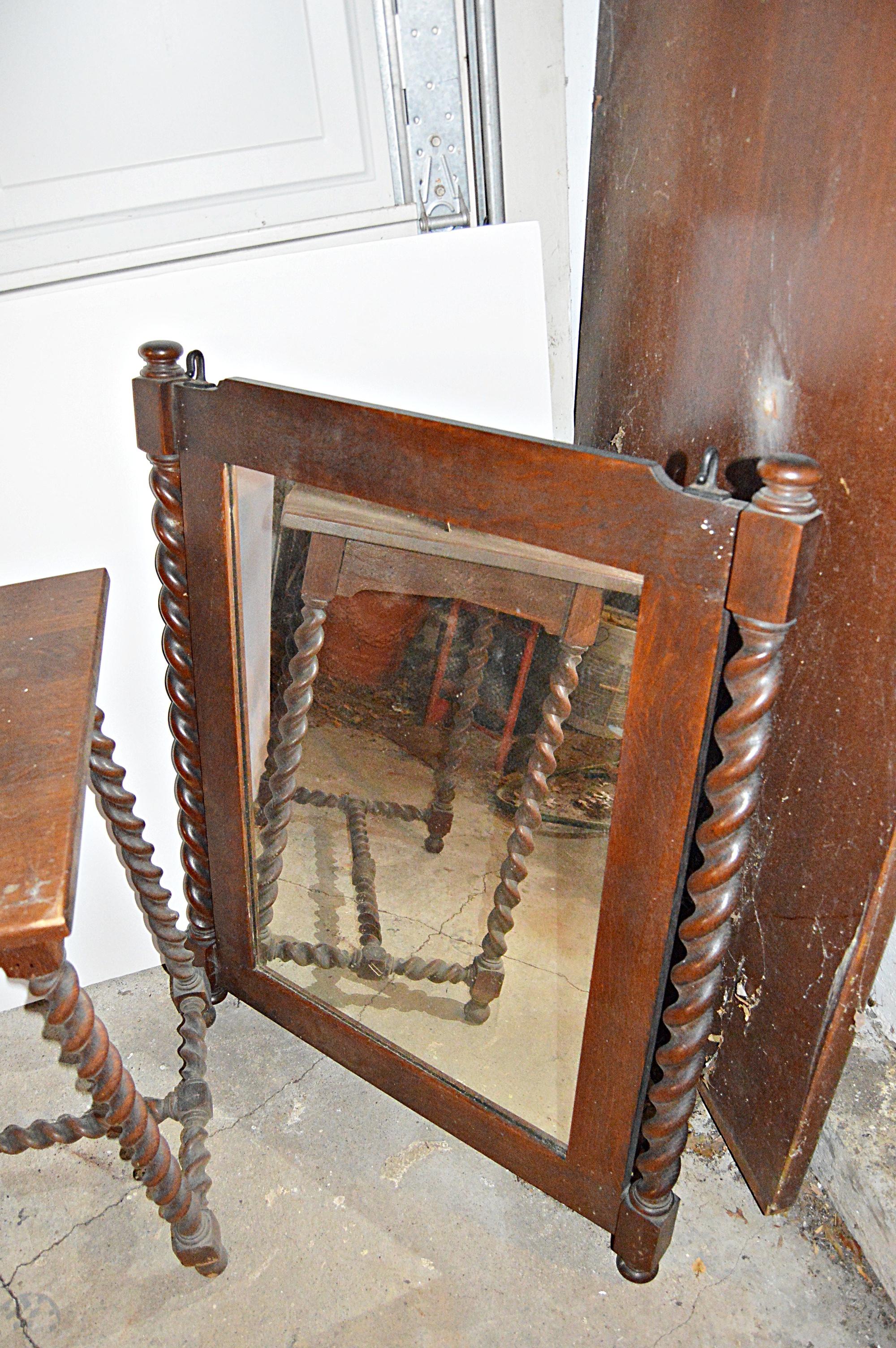 19th Century Walnut Barley Twist Mirror and Side Table