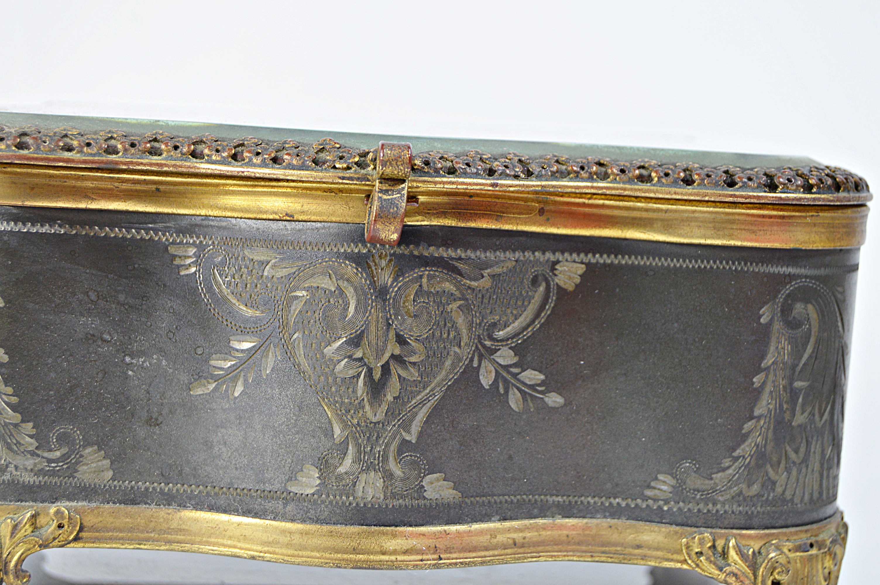 Antique Engraved Metal Jewelry Casket