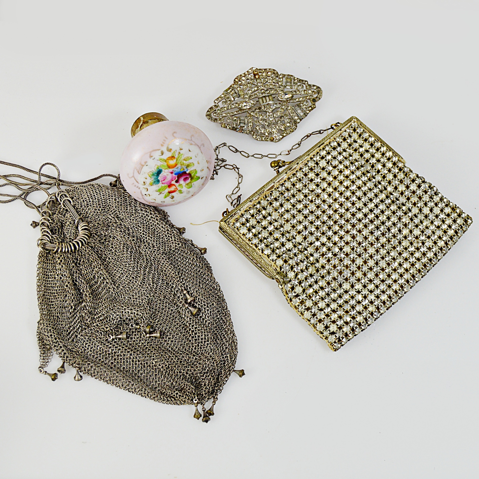 Antique Silver Mesh Bag, Rhinestone Purse and Brooch, Porcelain Doorknob