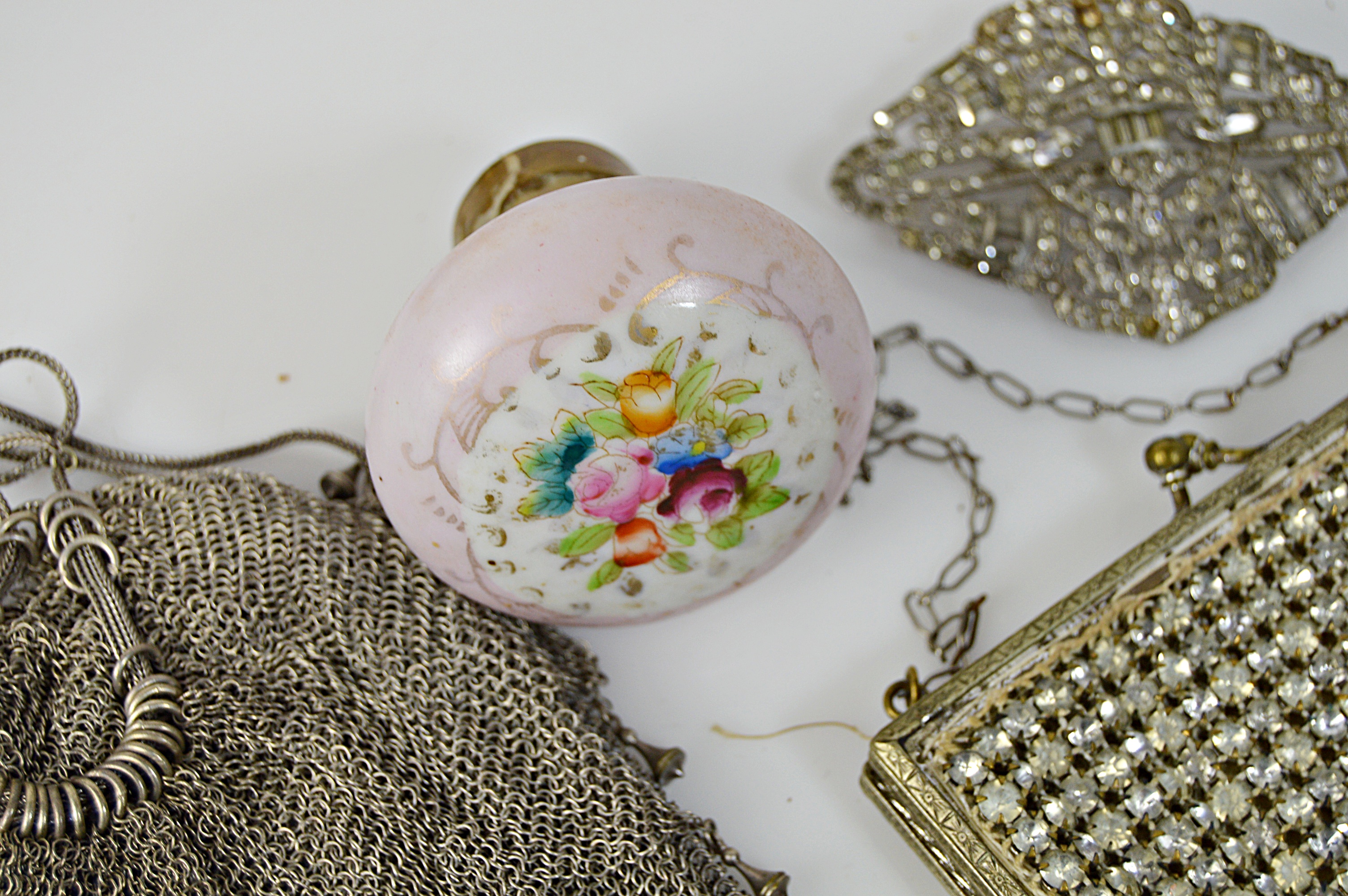 Antique Silver Mesh Bag, Rhinestone Purse and Brooch, Porcelain Doorknob