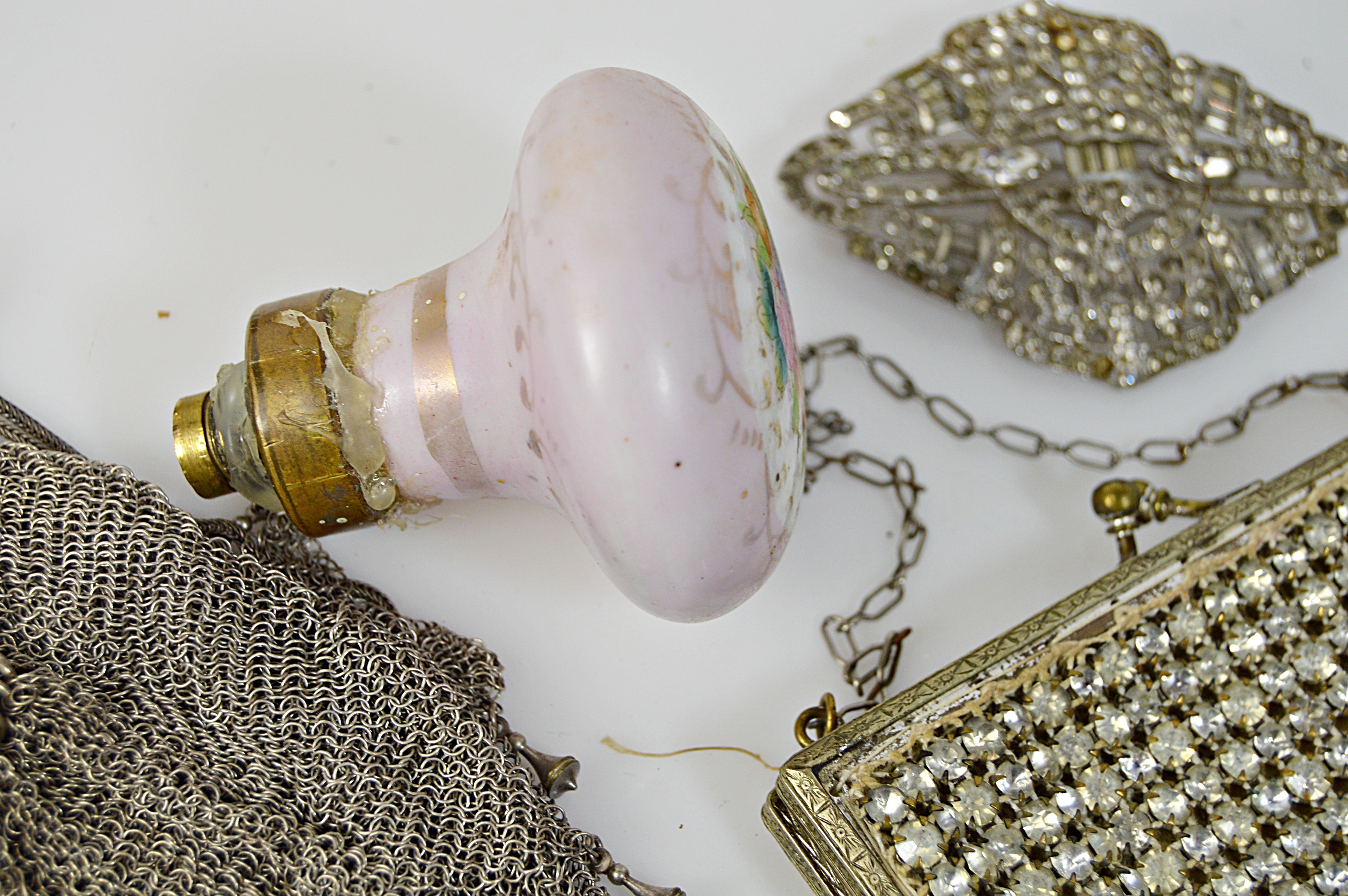 Antique Silver Mesh Bag, Rhinestone Purse and Brooch, Porcelain Doorknob