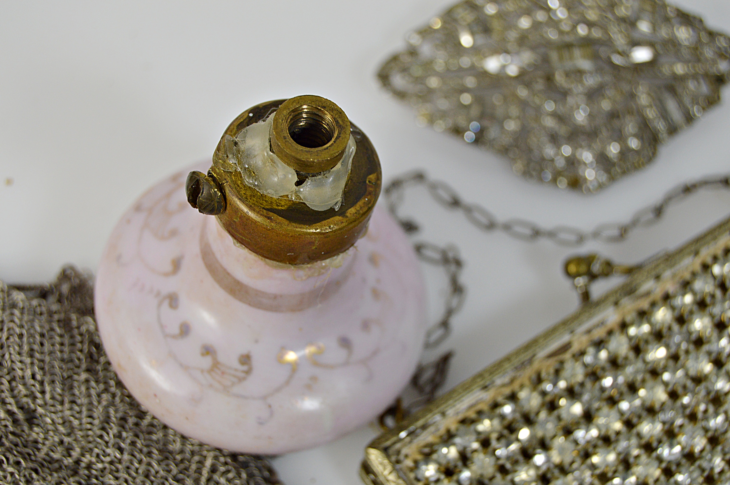 Antique Silver Mesh Bag, Rhinestone Purse and Brooch, Porcelain Doorknob