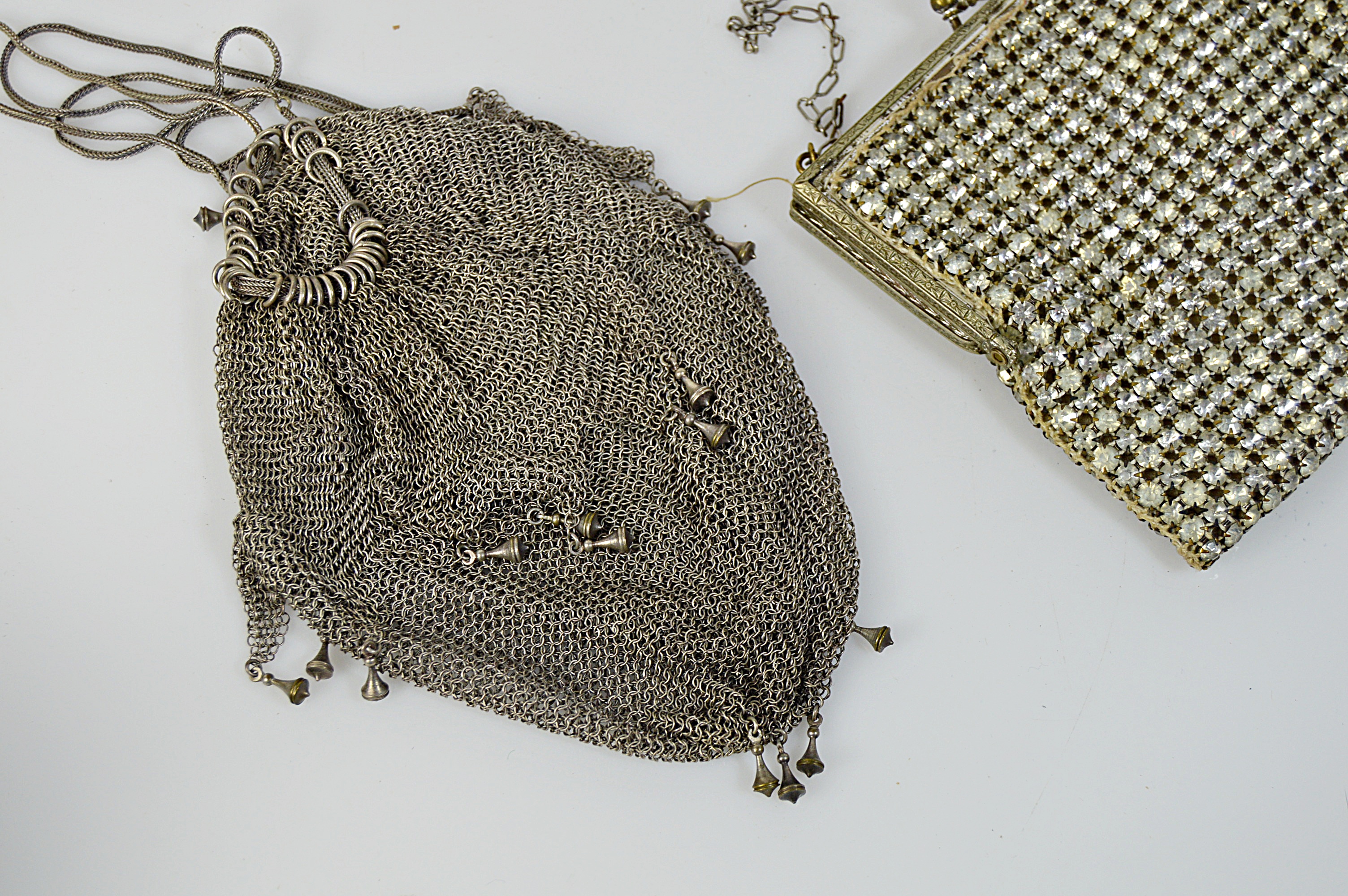 Antique Silver Mesh Bag, Rhinestone Purse and Brooch, Porcelain Doorknob