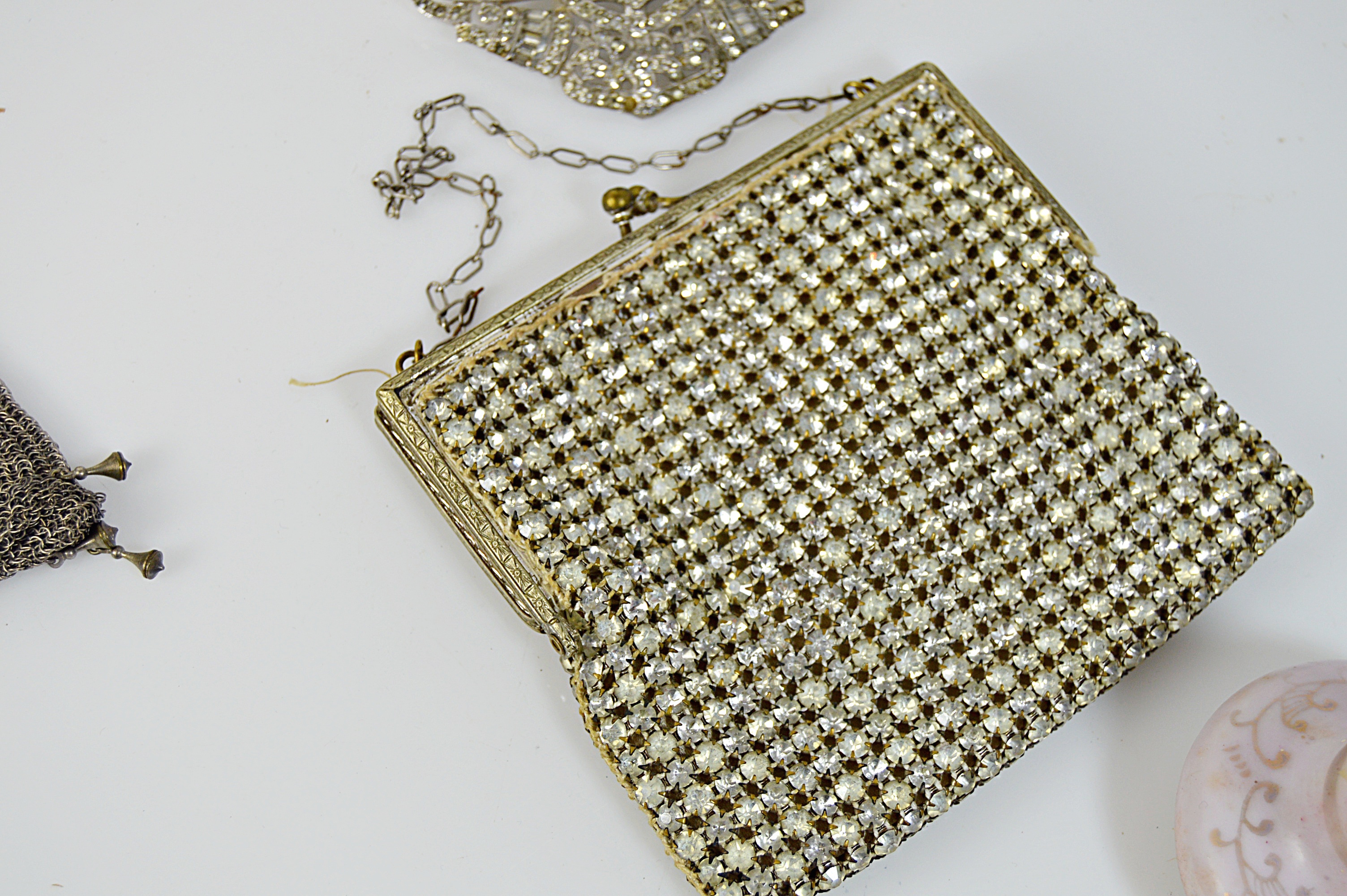 Antique Silver Mesh Bag, Rhinestone Purse and Brooch, Porcelain Doorknob