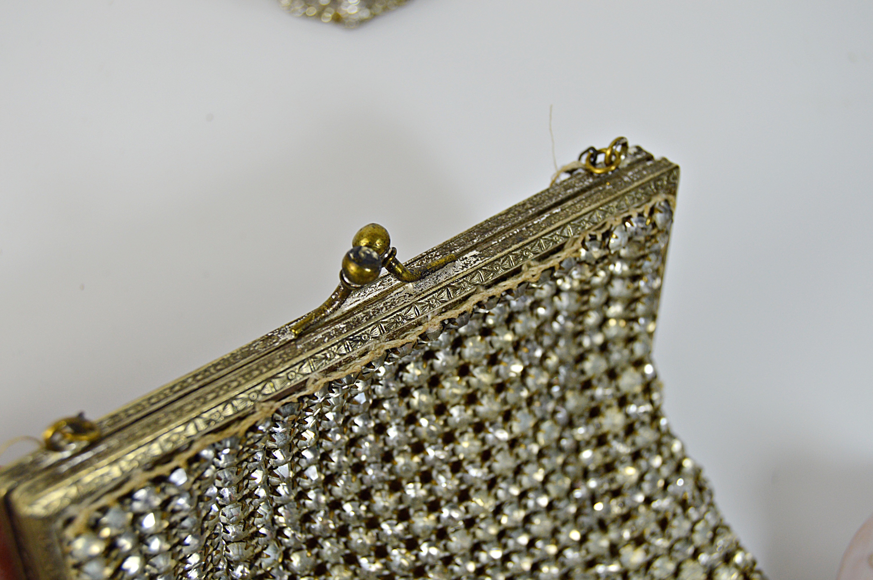 Antique Silver Mesh Bag, Rhinestone Purse and Brooch, Porcelain Doorknob