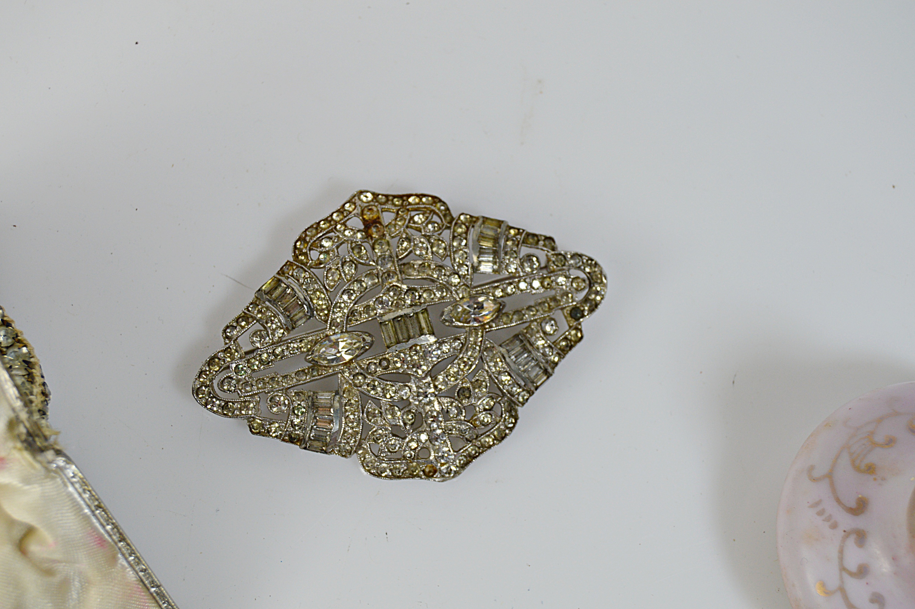 Antique Silver Mesh Bag, Rhinestone Purse and Brooch, Porcelain Doorknob