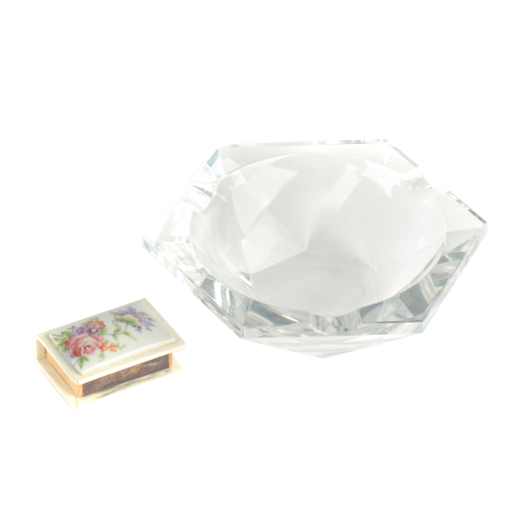 Hexagonal Glass Ash Receiver and Hand-Painted Ceramic Matchbox