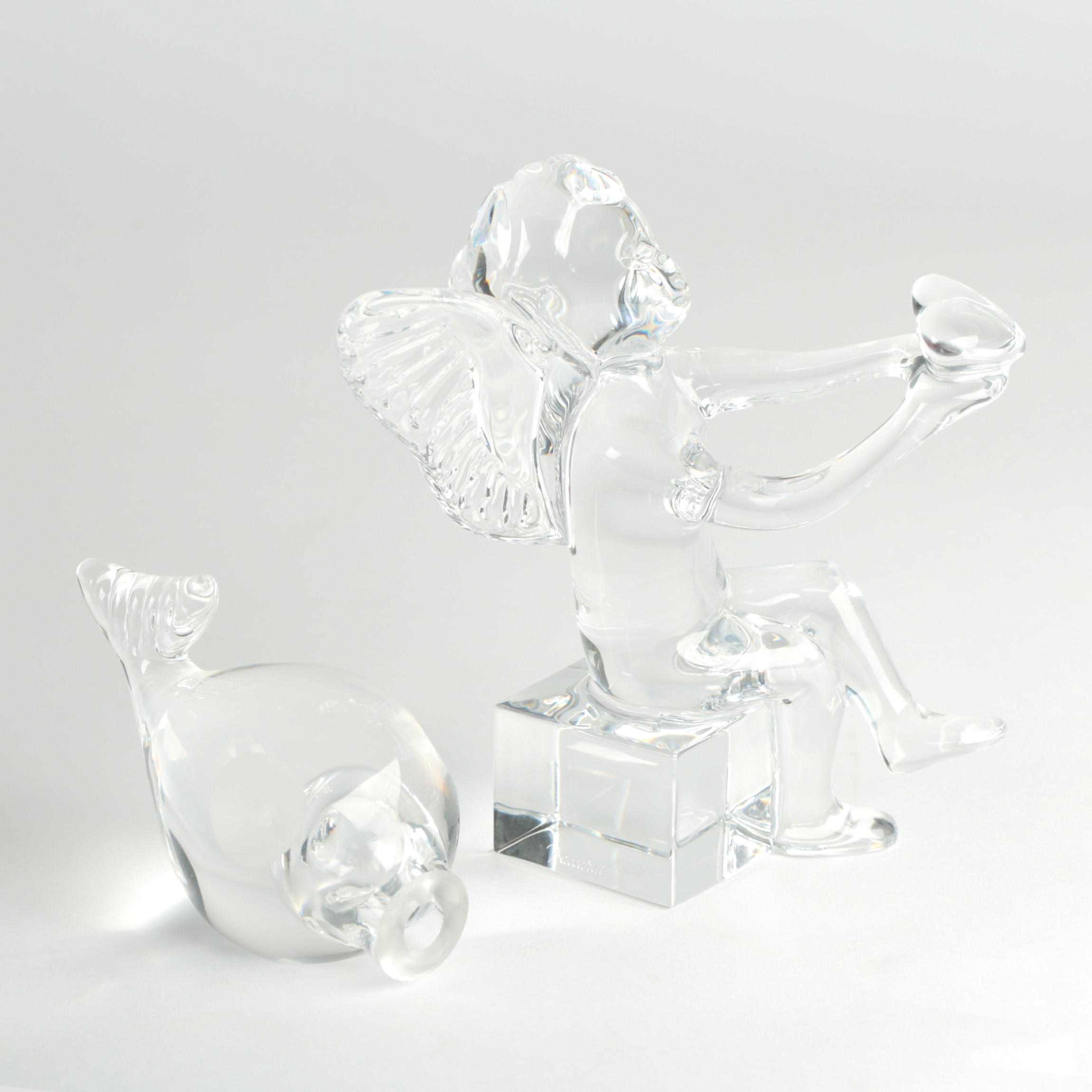 Baccarat Clear Crystal Cherub Figurine and Crystal Fish Figurine