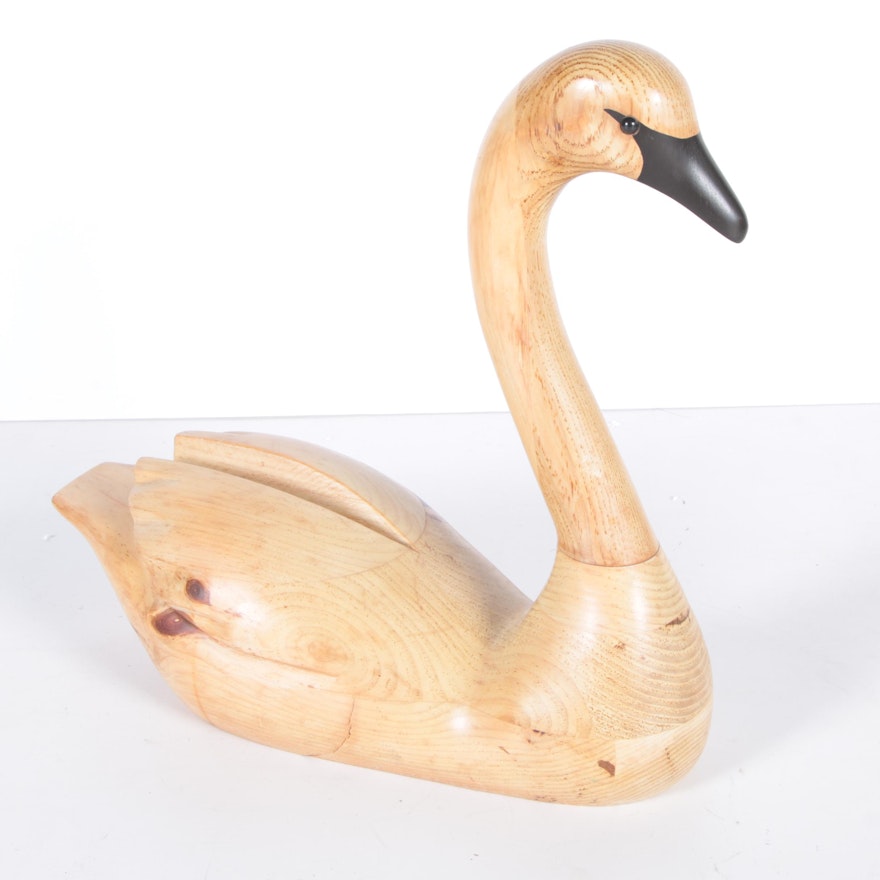 Hand-Carved Wooden Swan Sculpture