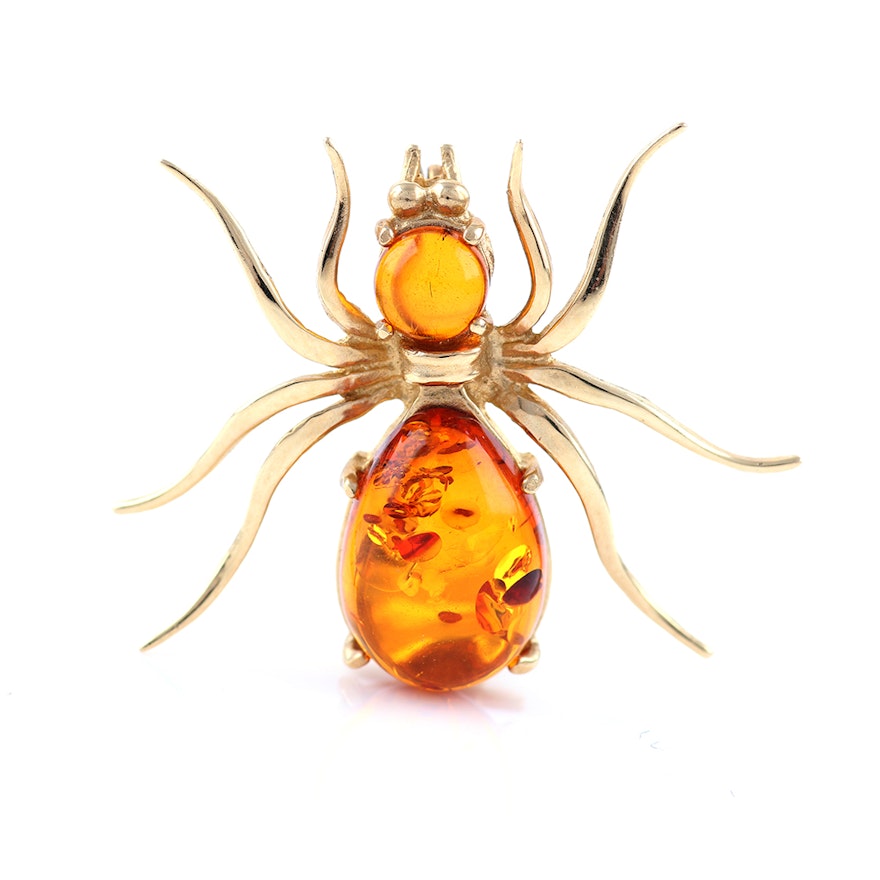 14K Yellow Gold Amber Gemstone Bug Brooch