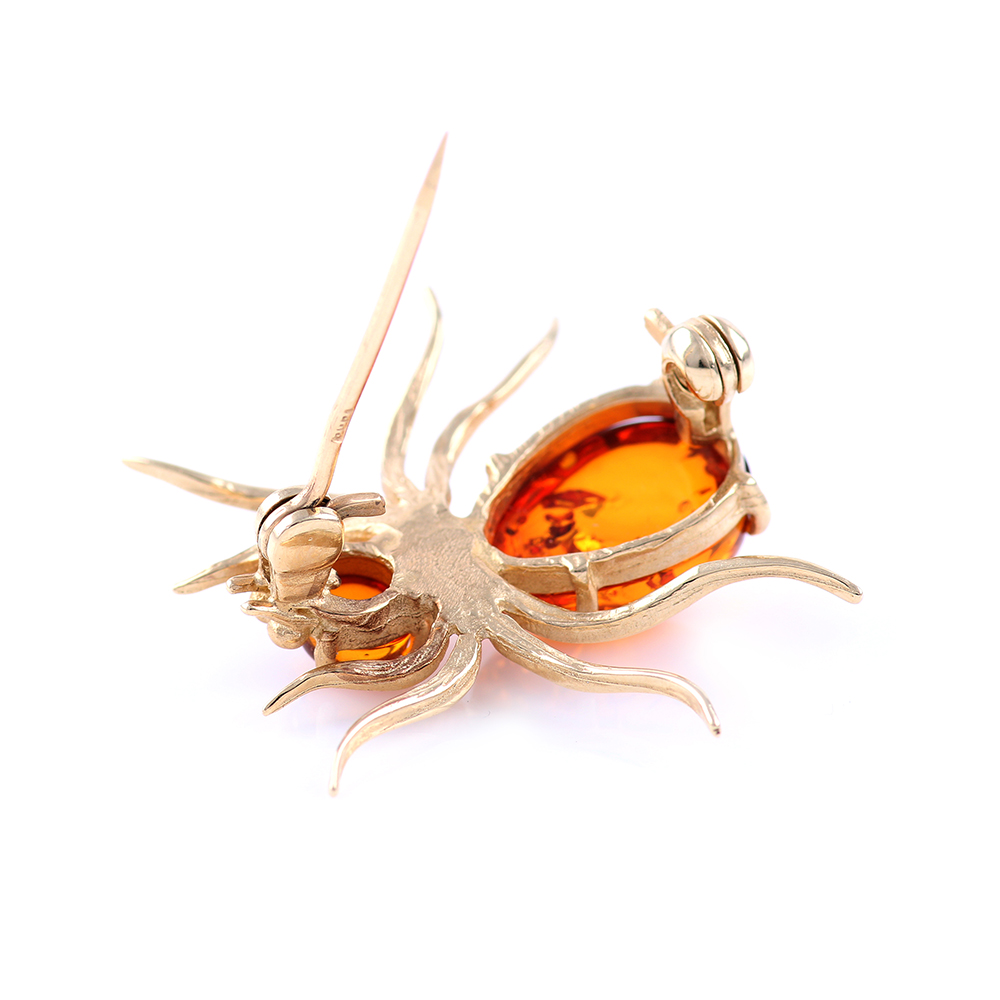 14K Yellow Gold Amber Gemstone Bug Brooch