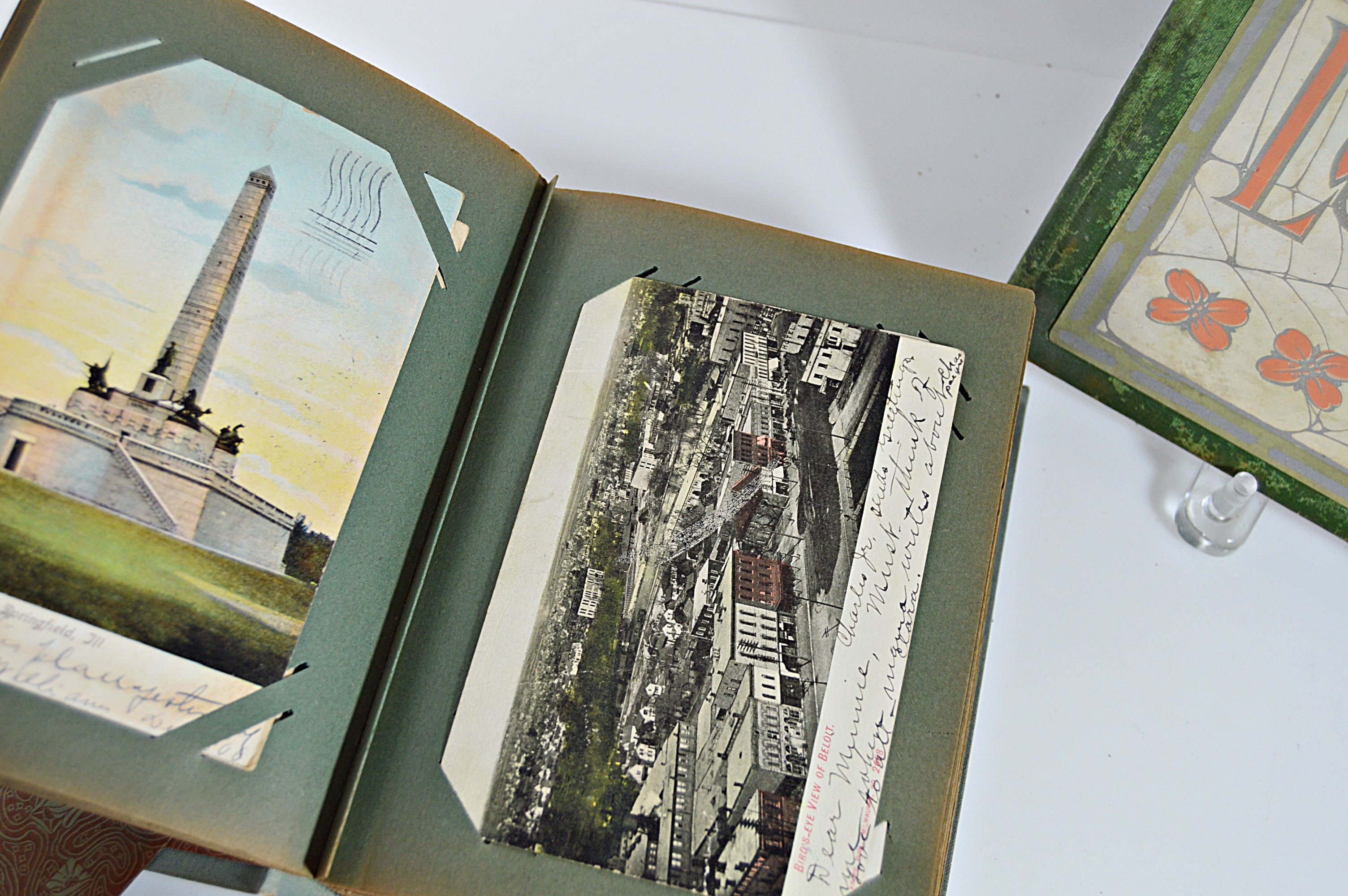 1906 Post Card Album and "Lovely Woman", Plus W.S. Heal Leather Postcards