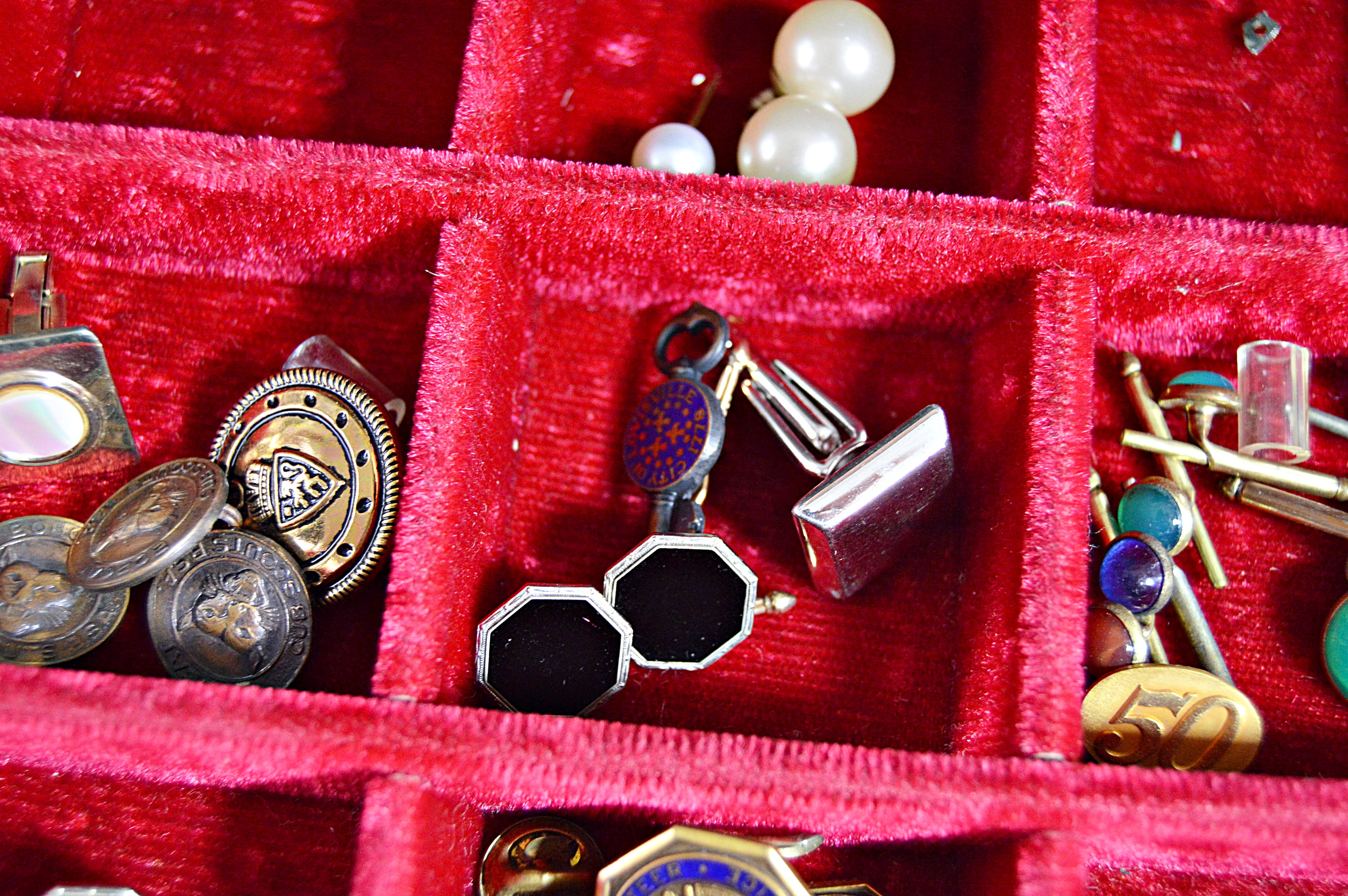 Vinyl Jewelry Box with Cufflinks, Pins, Watches