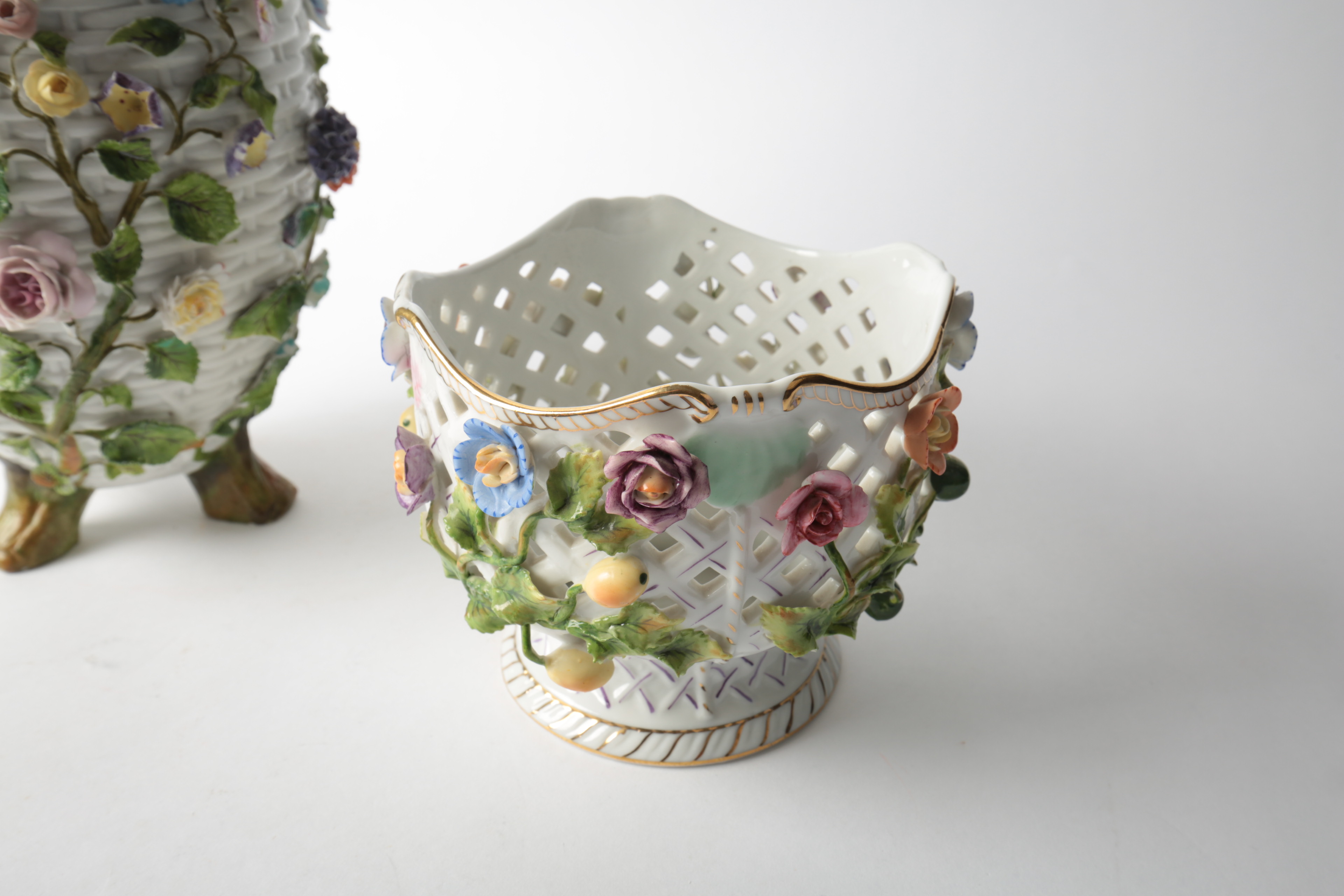 Vintage Porcelain Basketweave Bowl and Vase