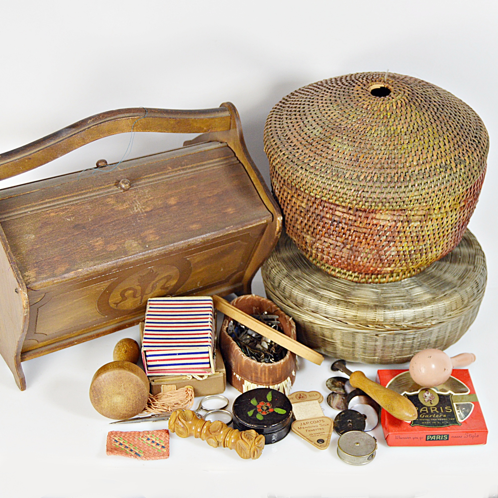 Antique Sewing Baskets and Box with Notions
