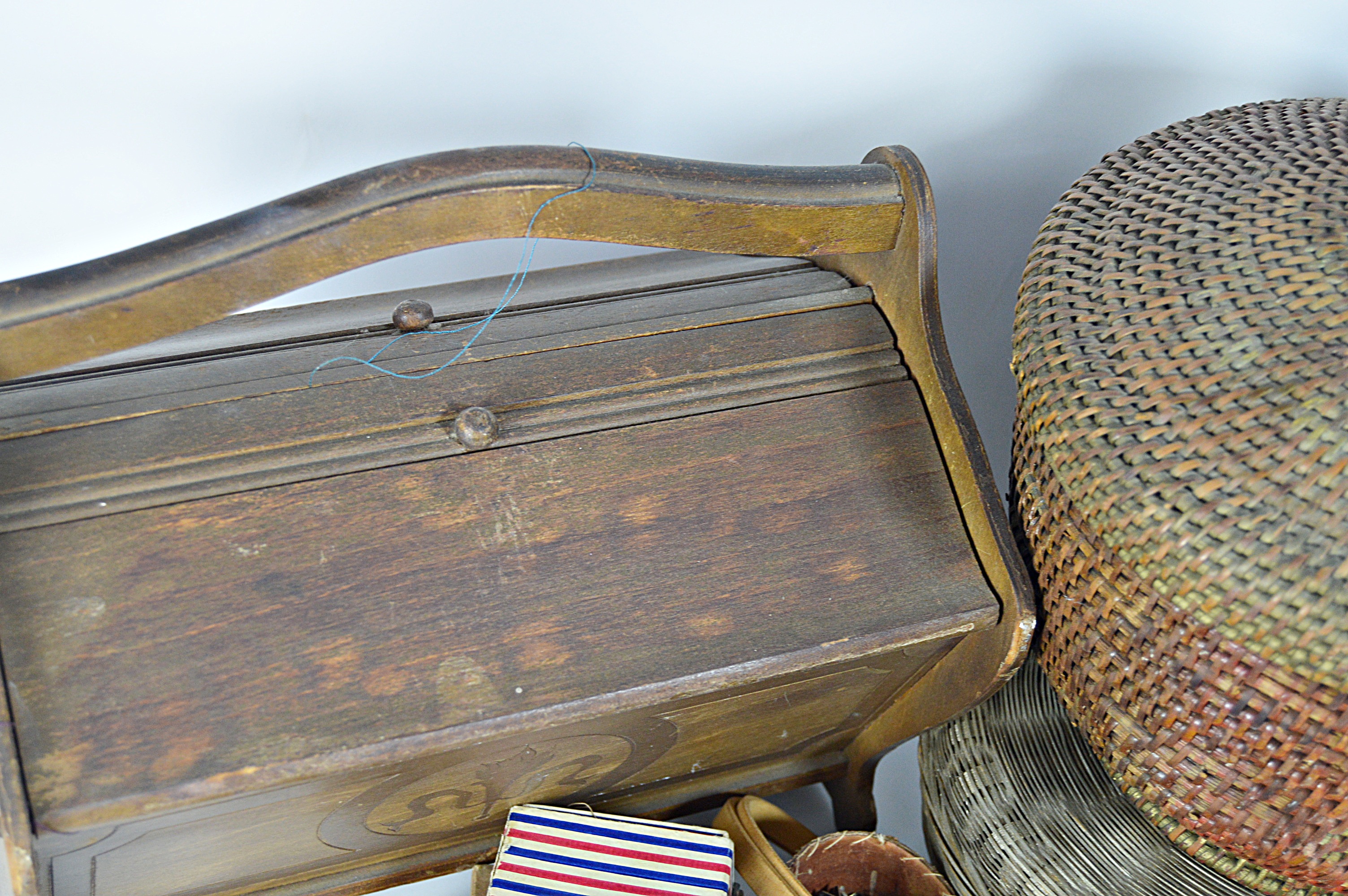 Antique Sewing Baskets and Box with Notions