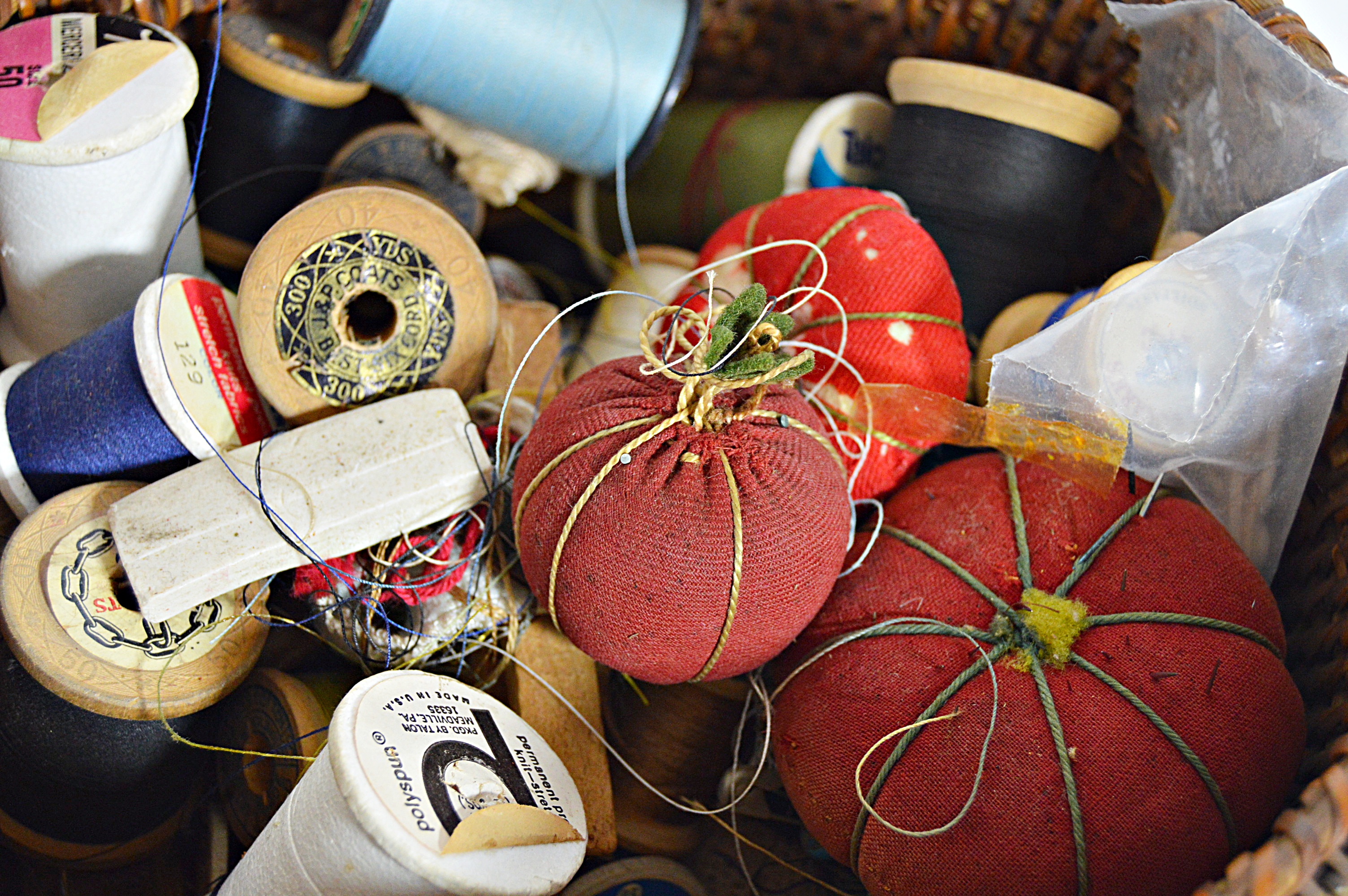 Antique Sewing Baskets and Box with Notions