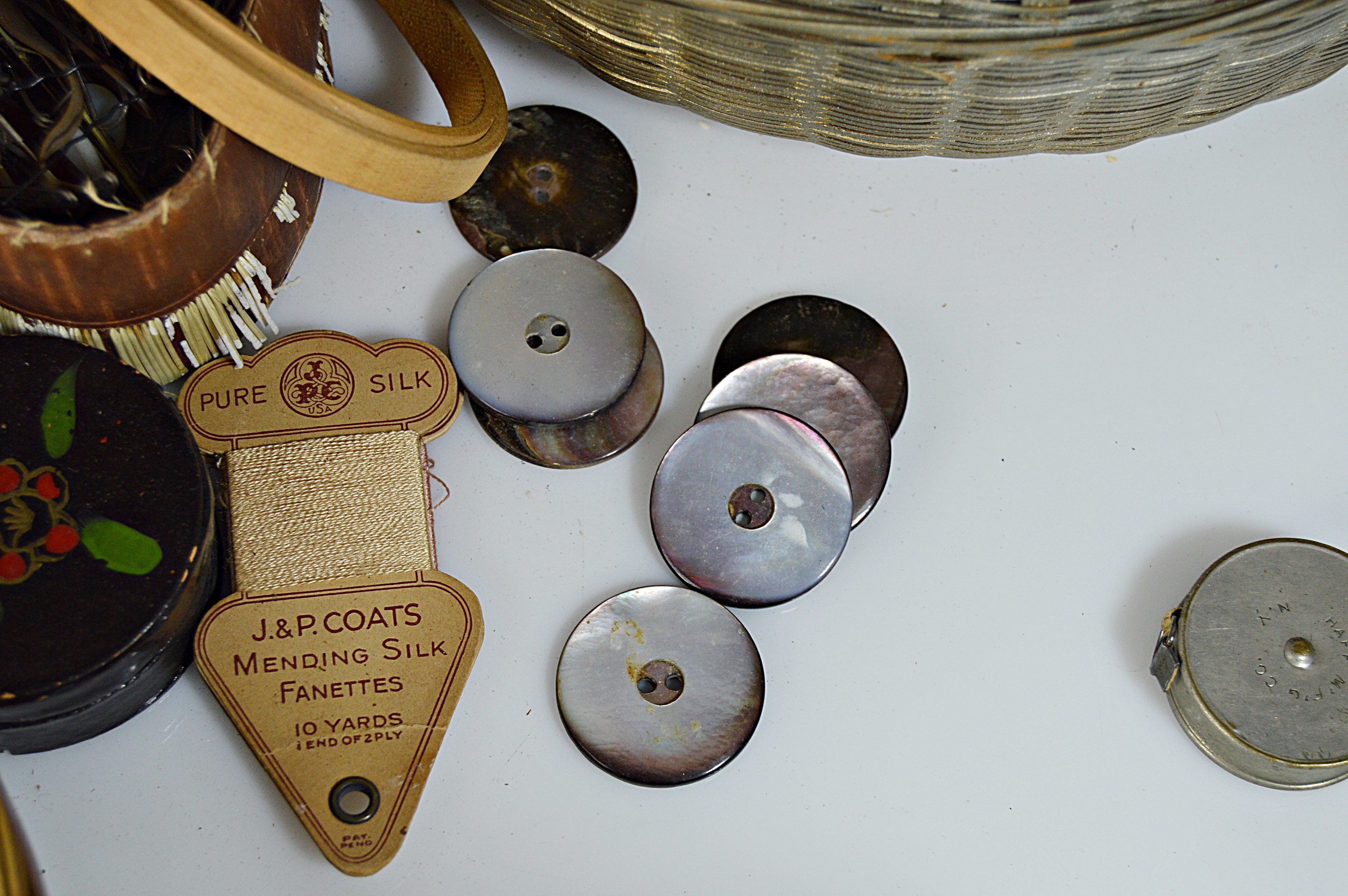 Antique Sewing Baskets and Box with Notions