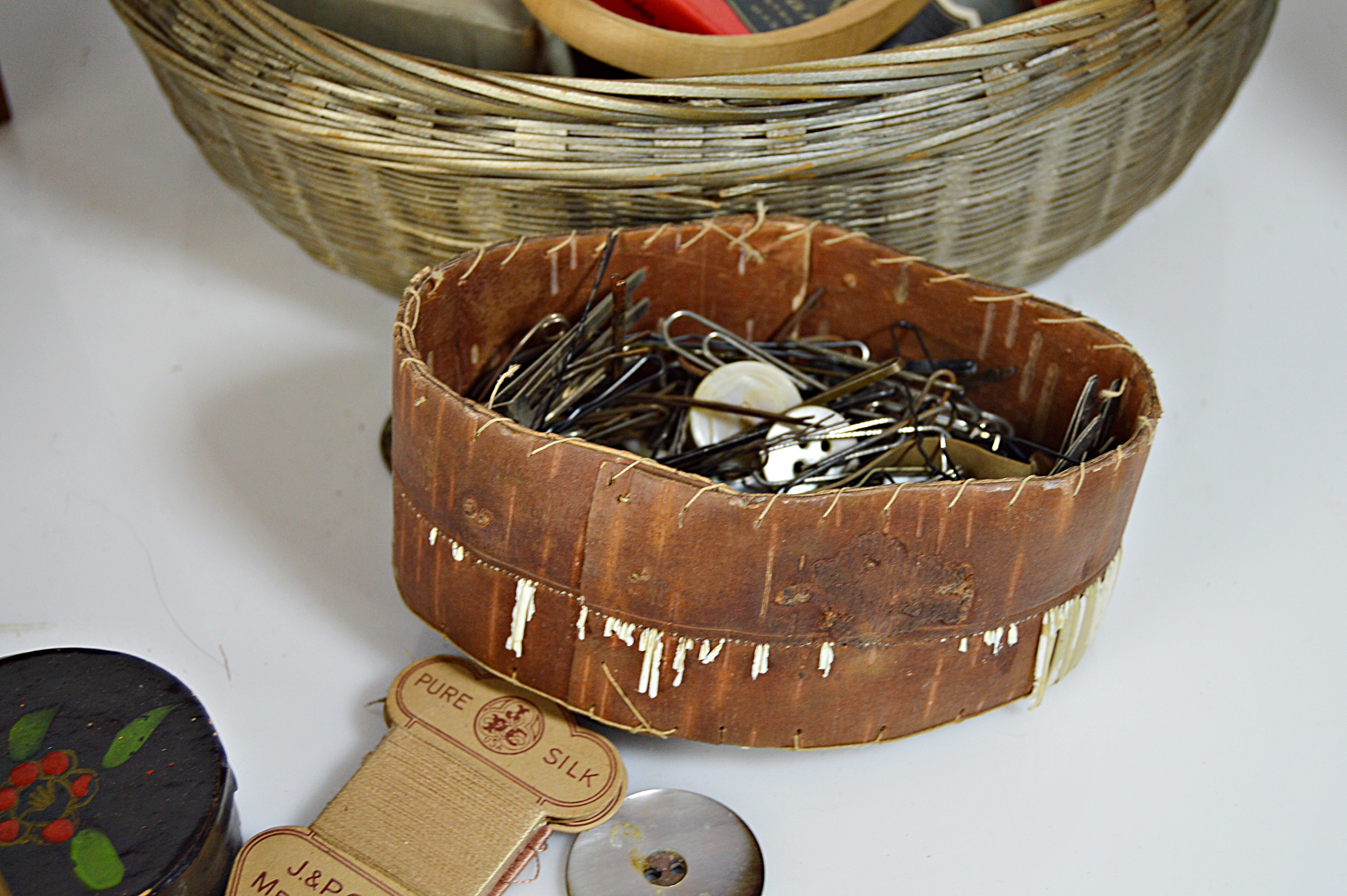 Antique Sewing Baskets and Box with Notions