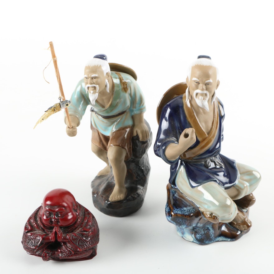 Chinese Wanjiang Fishermen and Resin Buddha Figurine