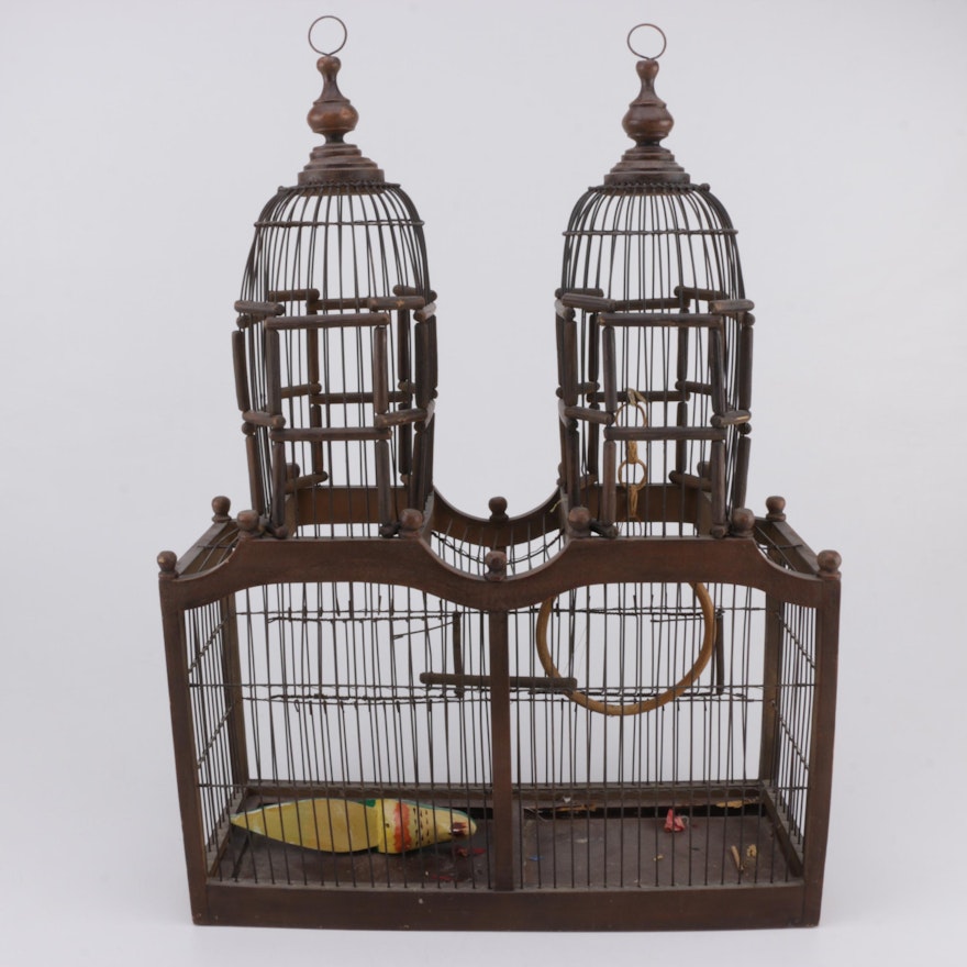 Metal and Wood Bird Cage with Faux Bird