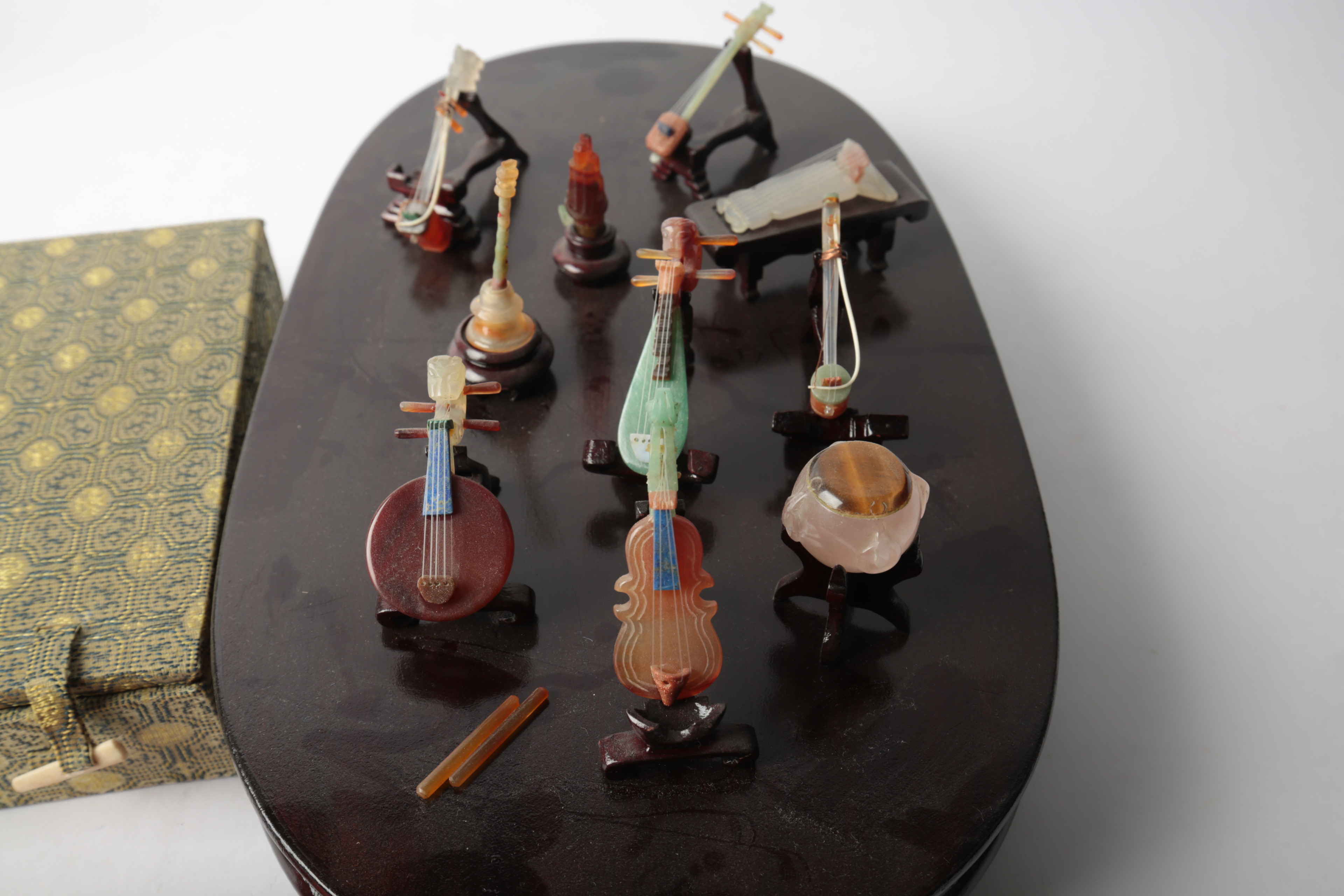 Carved Stone Japanese Miniature Instruments with Stand