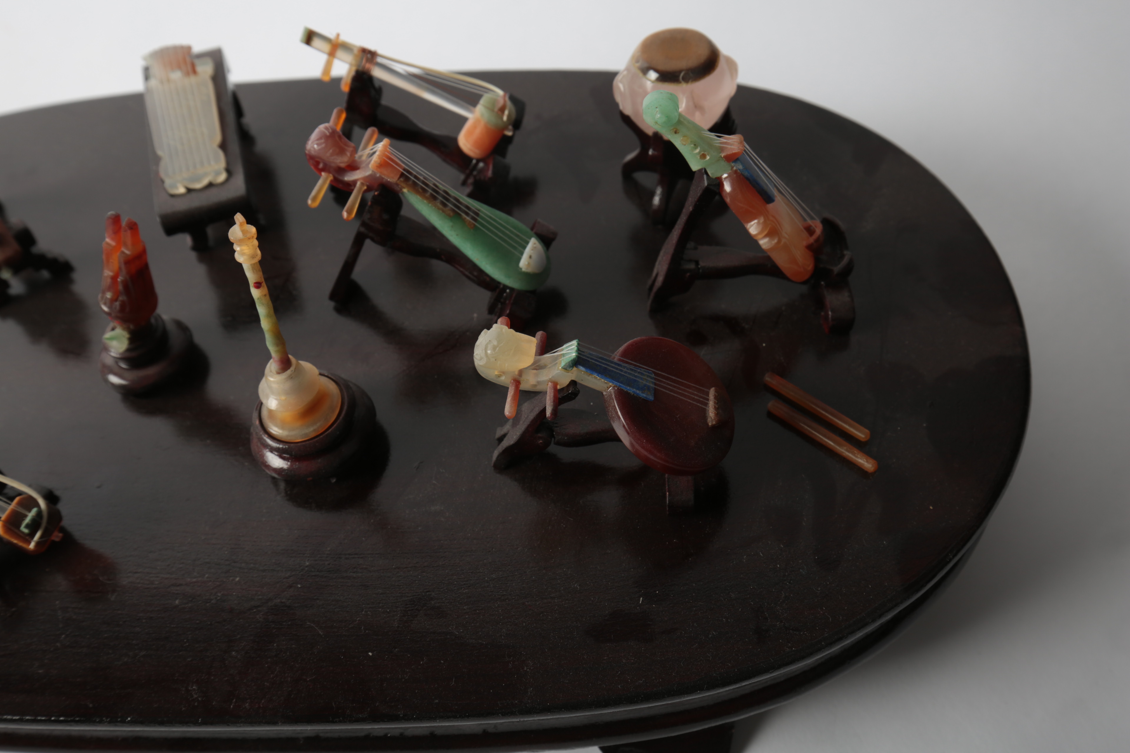 Carved Stone Japanese Miniature Instruments with Stand