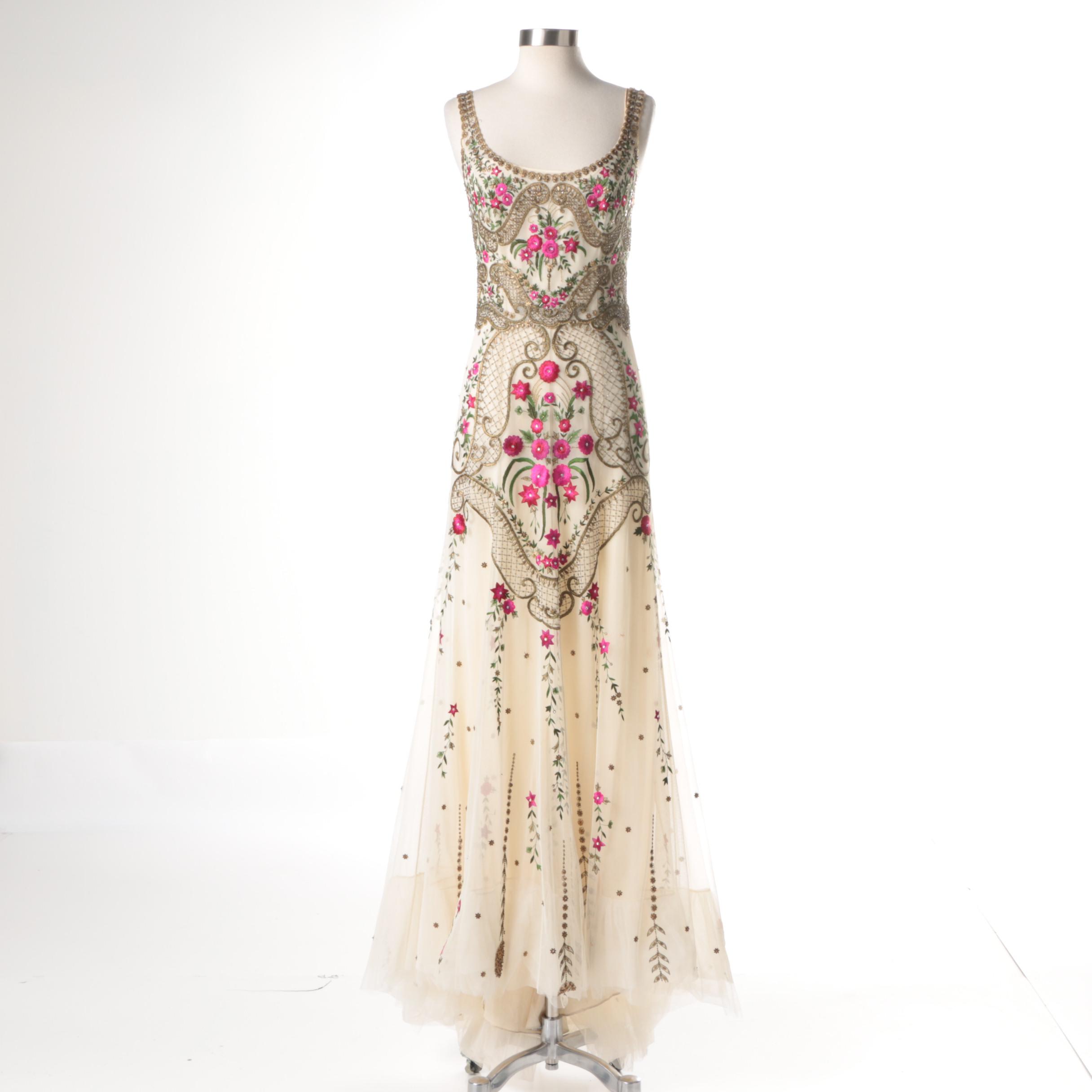 Reem Acra Beaded and Floral Embroidered Floor Length Gown
